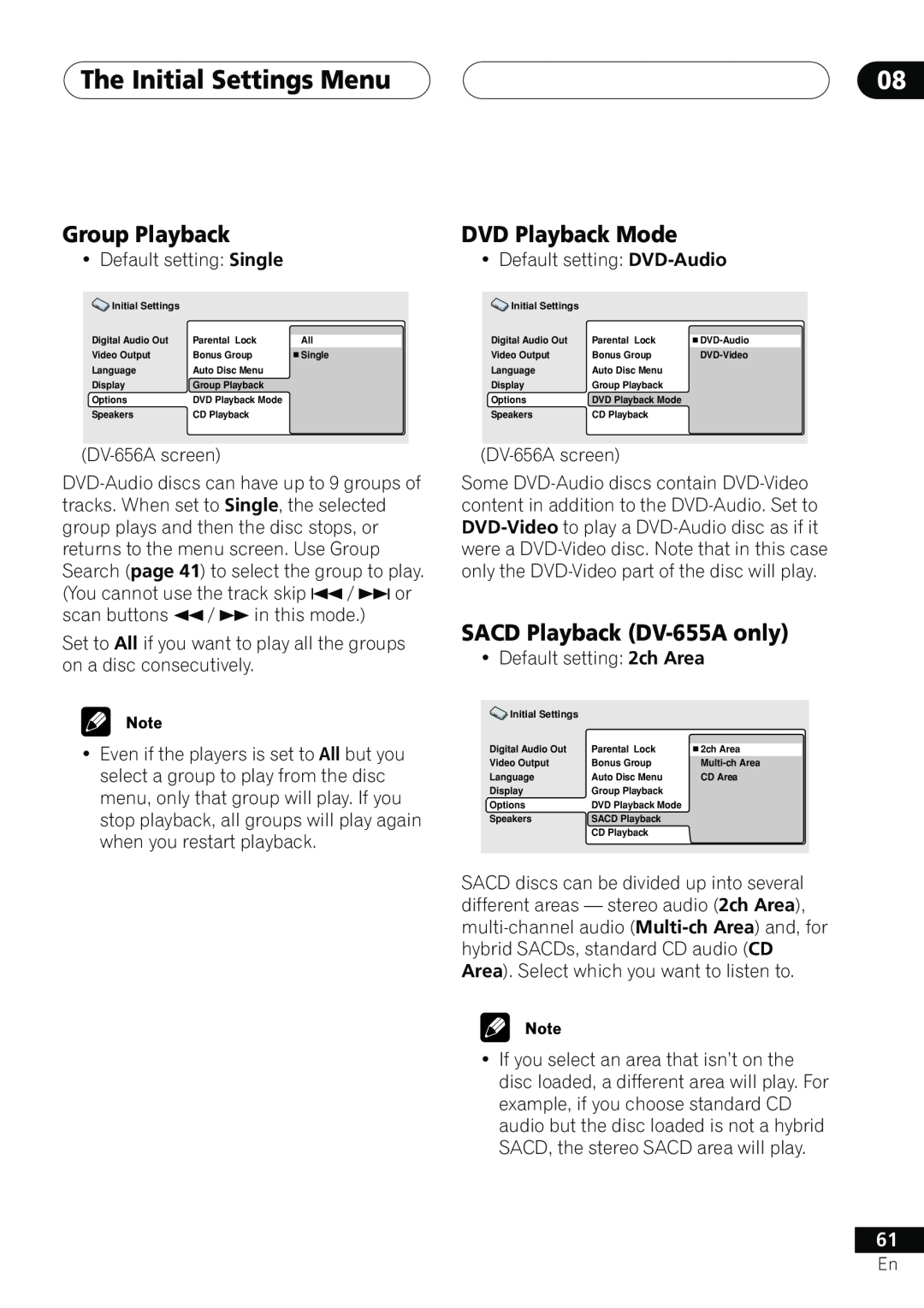 Pioneer DV-656A Group Playback, DVD Playback Mode, SACD Playback DV-655A only, The Initial Settings Menu 