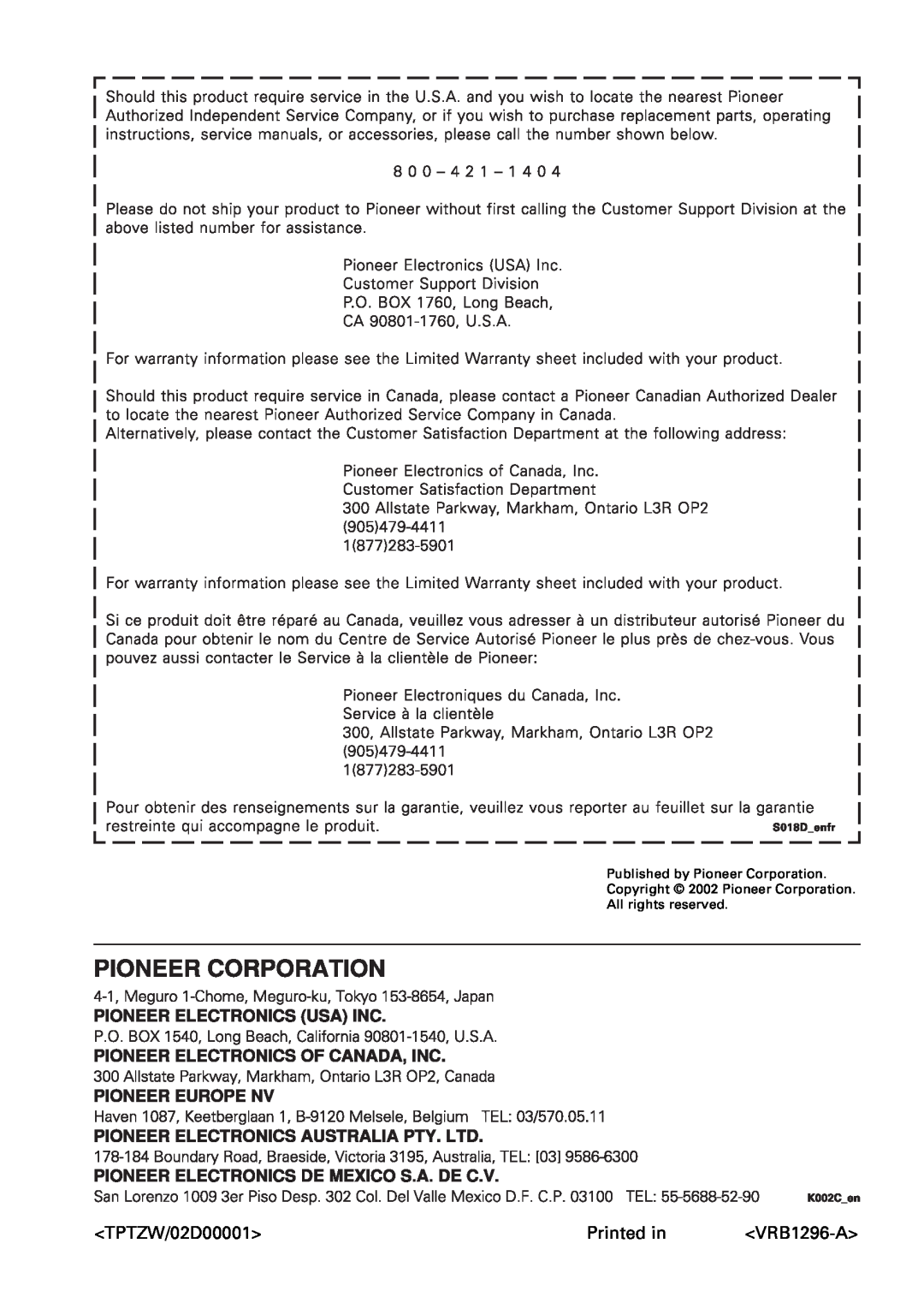 Pioneer DV-656A, 655A operating instructions TPTZW/02D00001, Printed in, VRB1296-A 