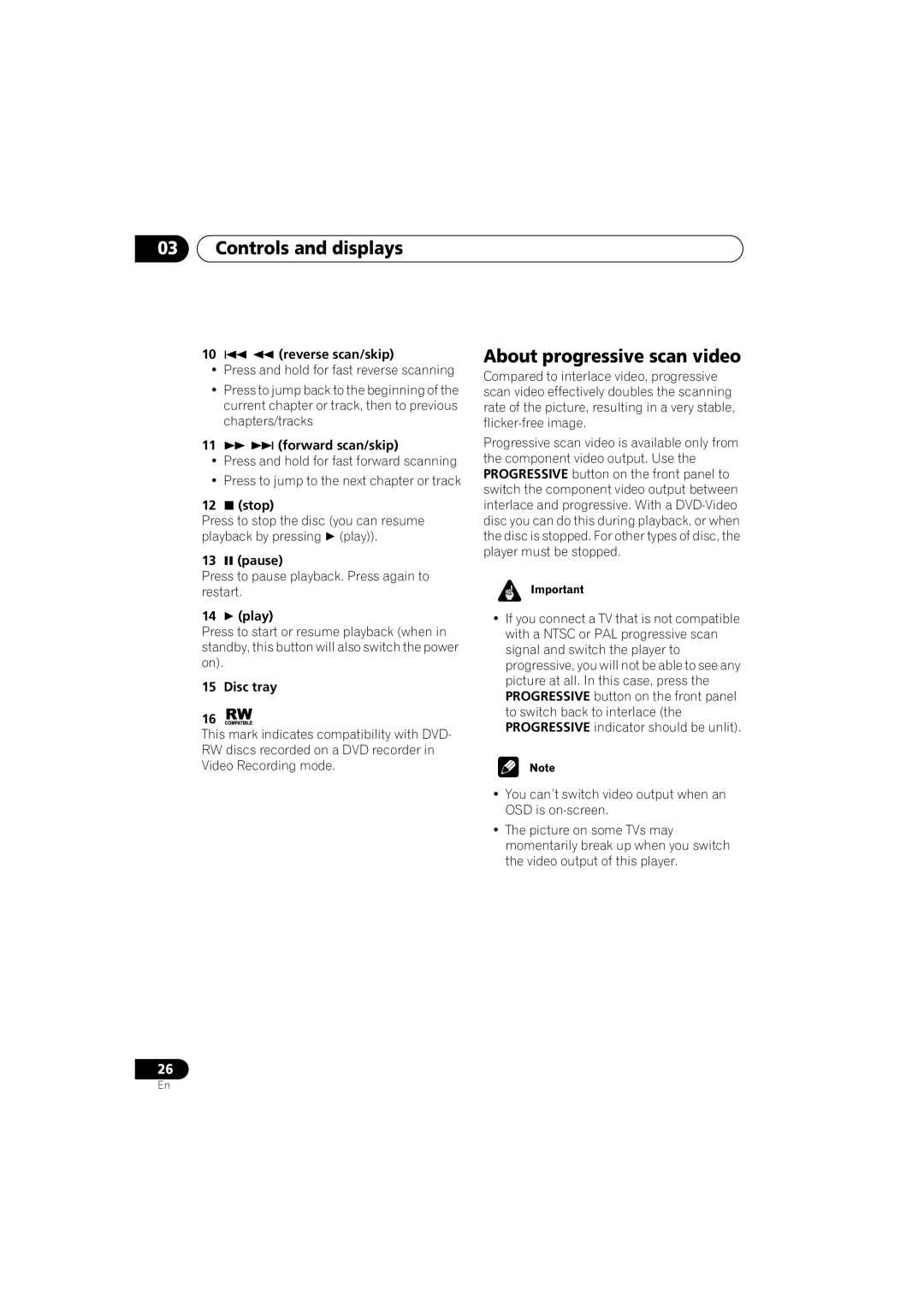 Pioneer DV-79AVi-s operating instructions Controls and displays, About progressive scan video 