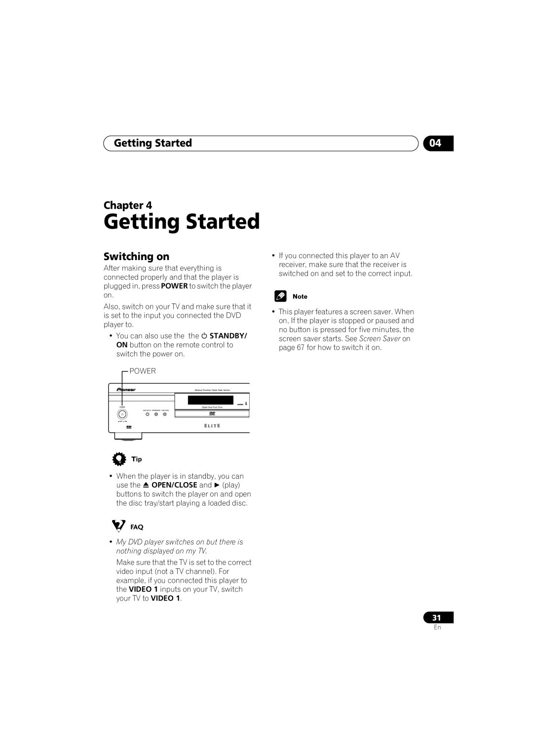 Pioneer DV-79AVi-s operating instructions Getting Started Chapter, Switching on 