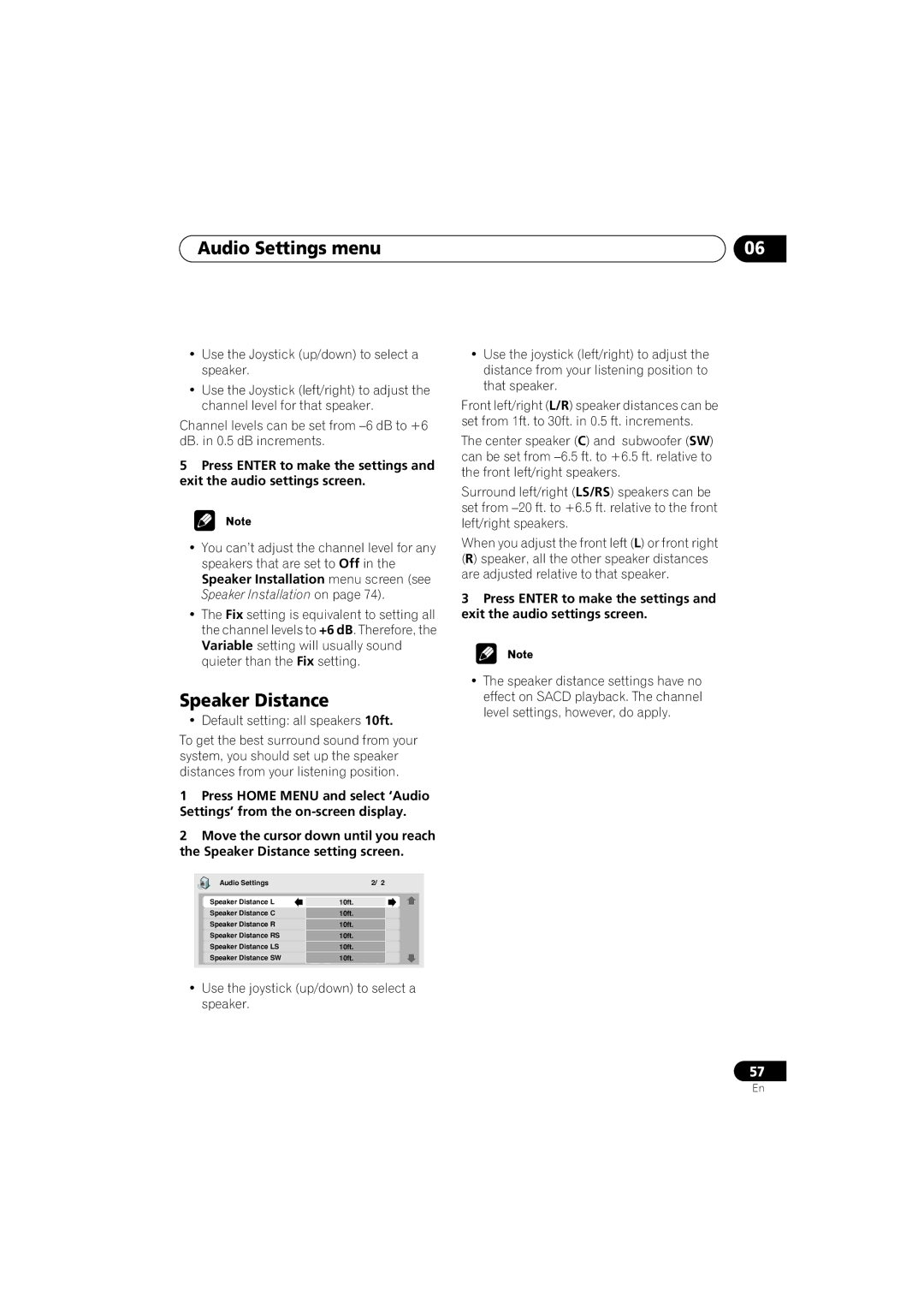 Pioneer DV-79AVi-s operating instructions Speaker Distance 