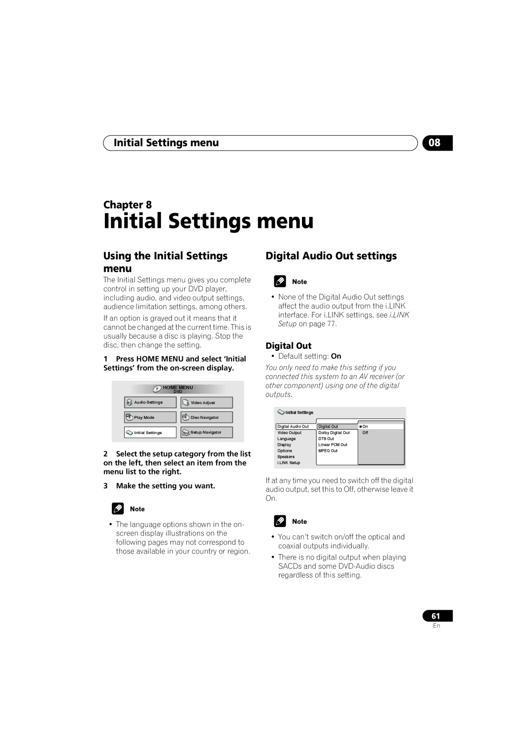 Pioneer DV-79AVi-s Initial Settings menu Chapter, Using the Initial Settings Digital Audio Out settings Menu 