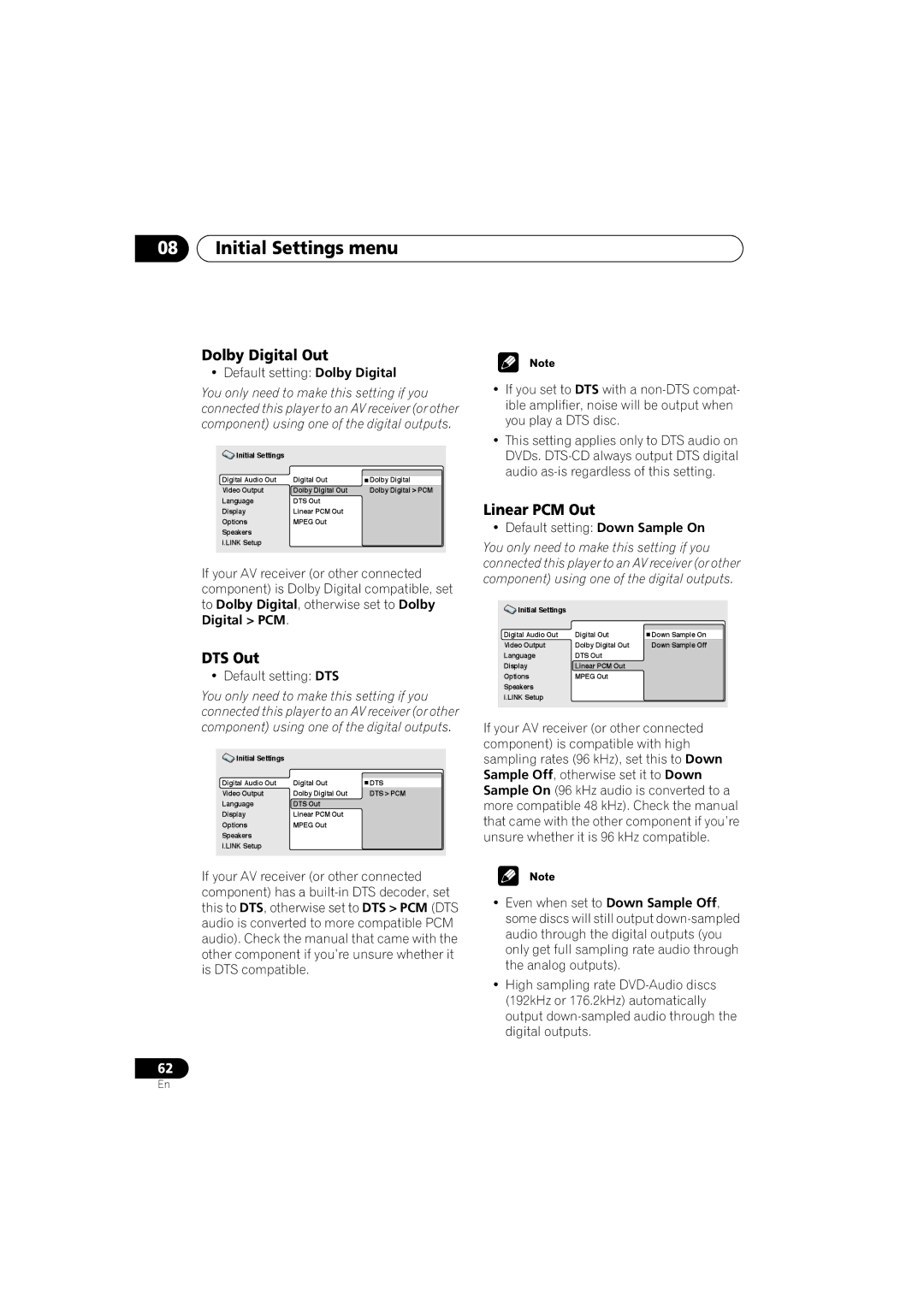 Pioneer DV-79AVi-s operating instructions Initial Settings menu, Dolby Digital Out, DTS Out, Linear PCM Out 