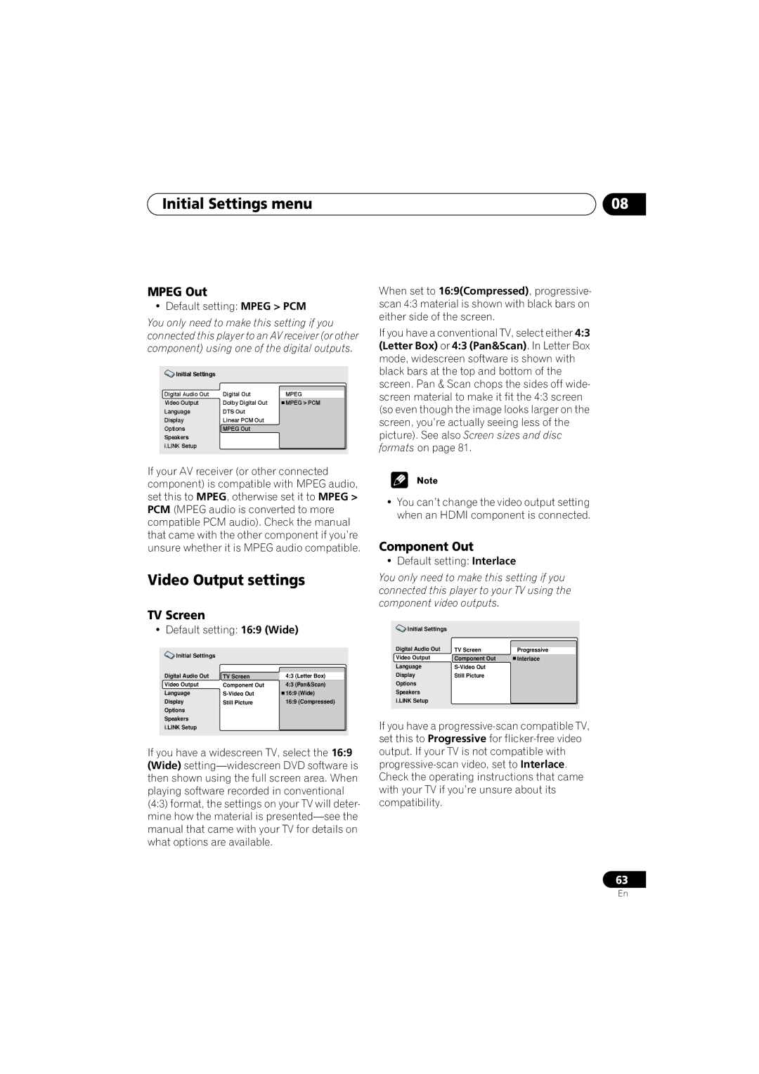 Pioneer DV-79AVi-s operating instructions Video Output settings, Mpeg Out, TV Screen, Component Out 