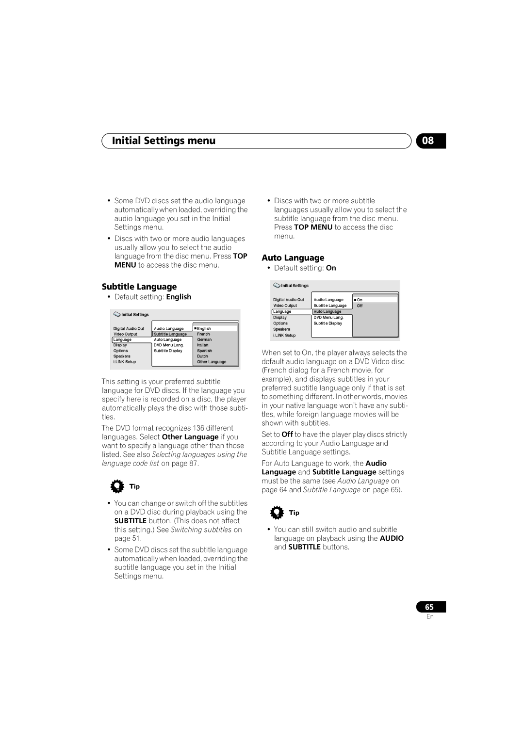 Pioneer DV-79AVi-s operating instructions Subtitle Language, Auto Language 