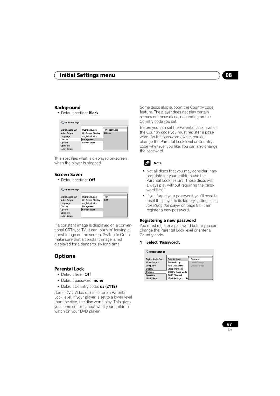 Pioneer DV-79AVi-s operating instructions Options, Background, Screen Saver, Parental Lock, Registering a new password 