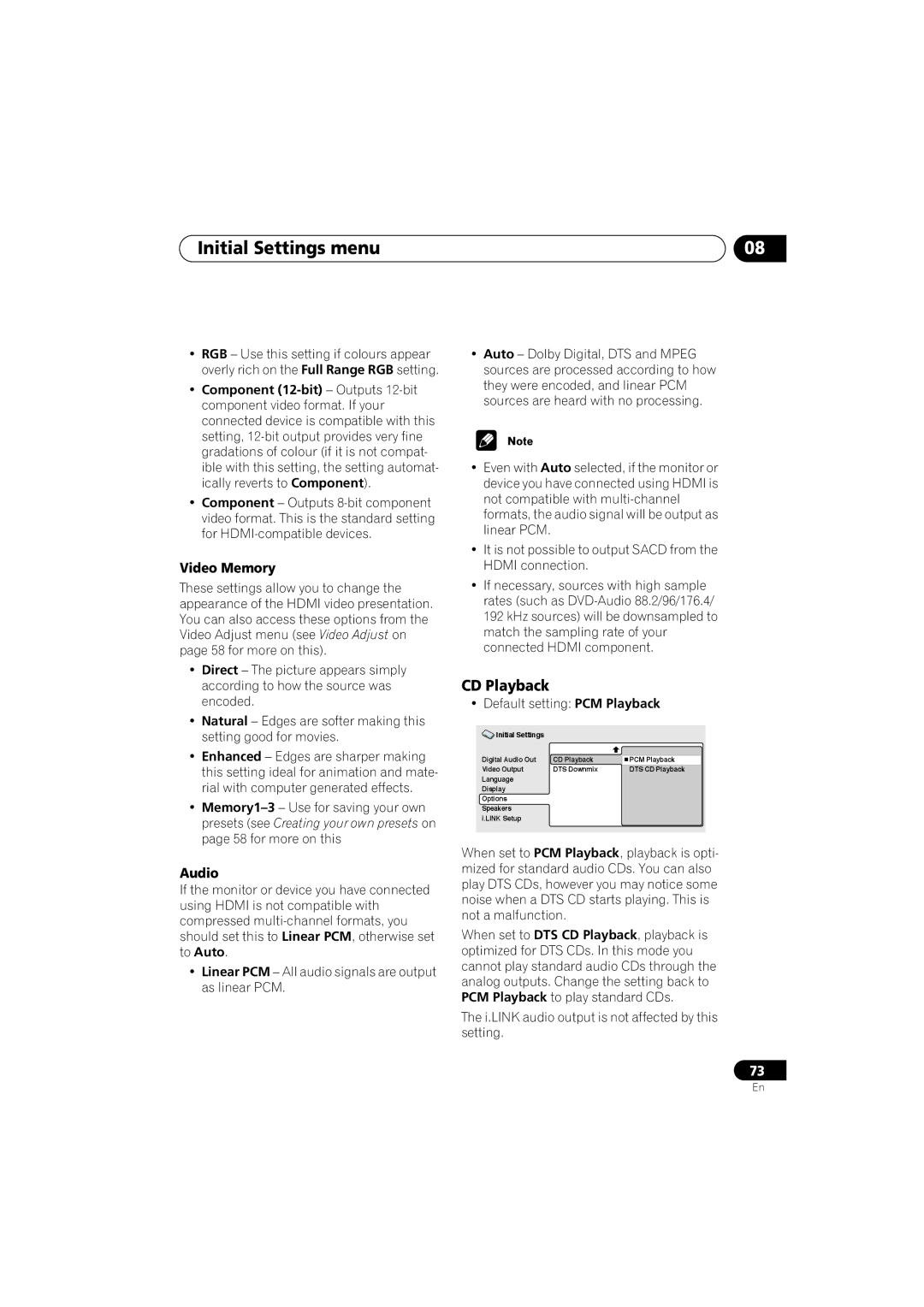 Pioneer DV-79AVi-s operating instructions CD Playback, Video Memory, Audio, Default setting PCM Playback 