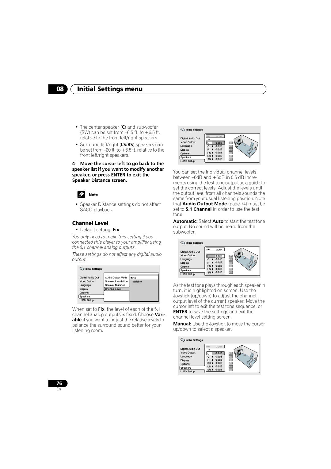 Pioneer DV-79AVi-s operating instructions Channel Level, Move the cursor left to go back to, Speaker Distance screen 