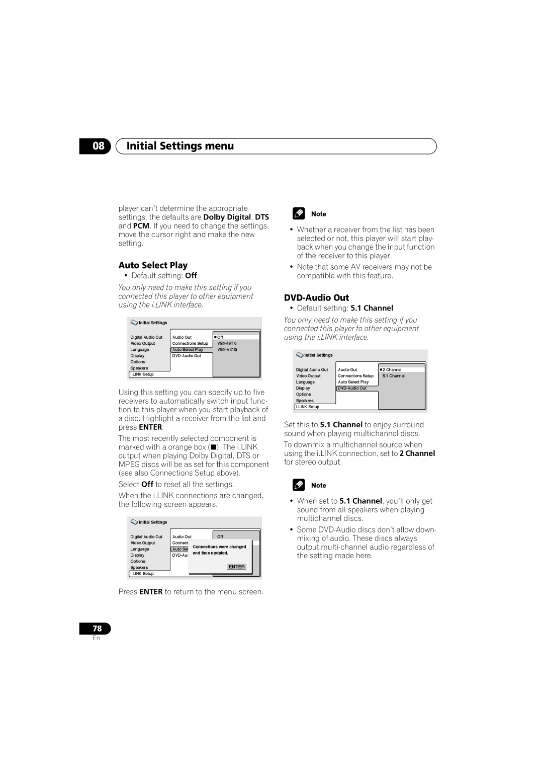 Pioneer DV-79AVi-s operating instructions Auto Select Play, DVD-Audio Out, Default setting 5.1 Channel 