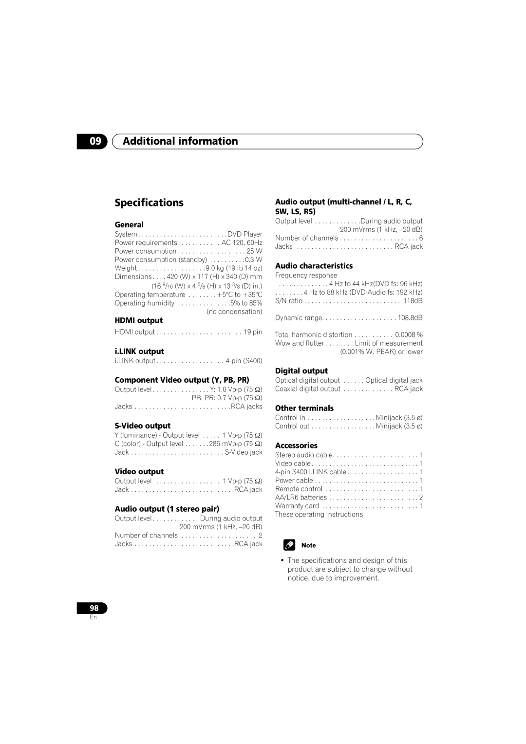 Pioneer DV-79AVi-s operating instructions Additional information Specifications 