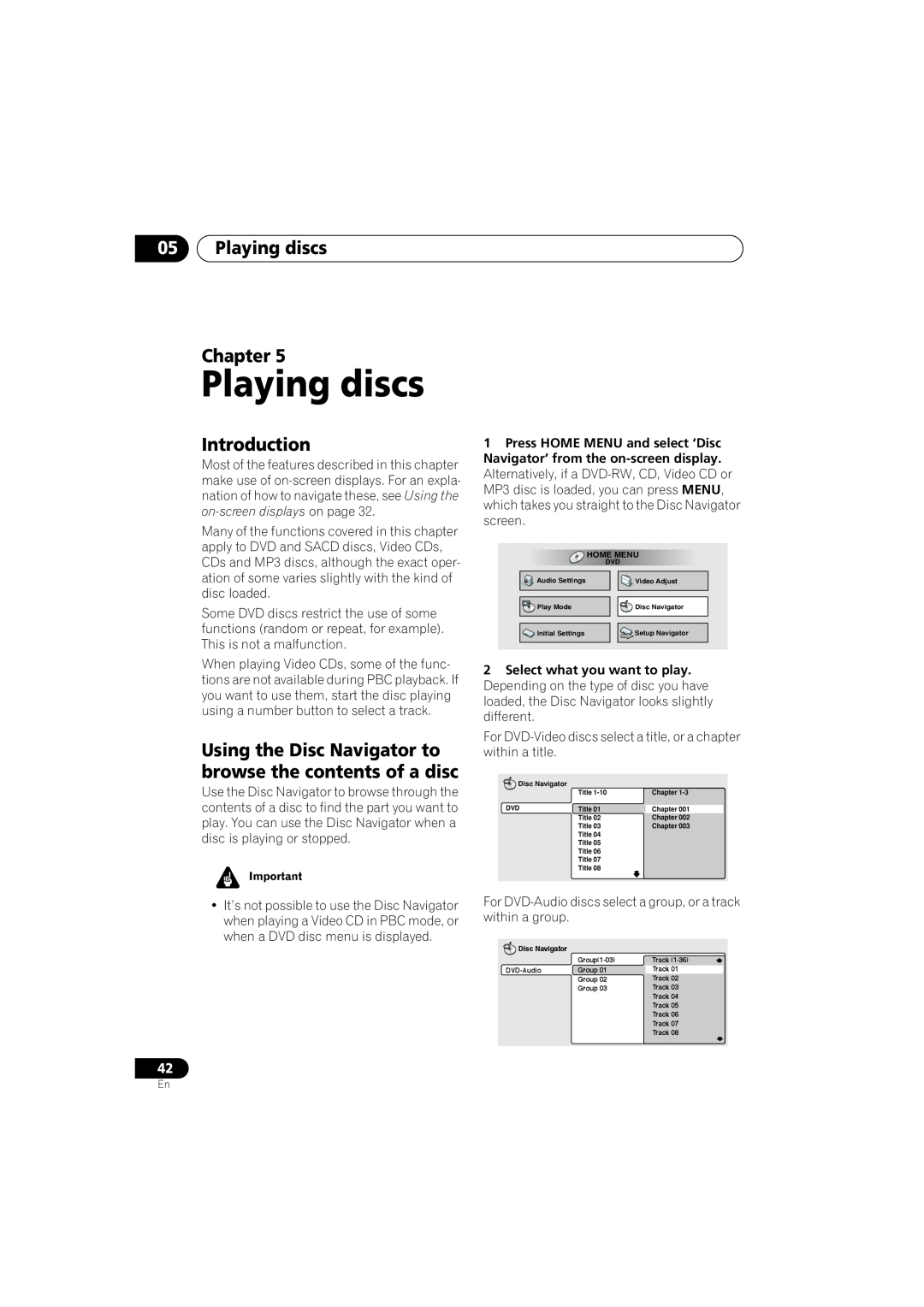 Pioneer DV-79AVi Playing discs Chapter, Introduction, Using the Disc Navigator to browse the contents of a disc 