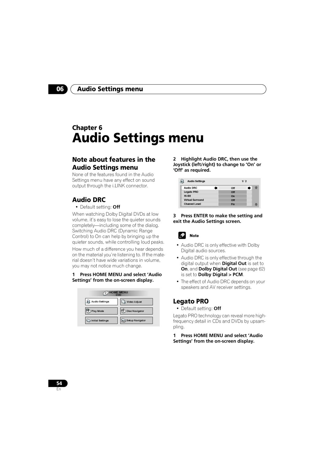 Pioneer DV-79AVi Audio Settings menu Chapter, Note about features in the Audio Settings menu, Audio DRC, Legato PRO 