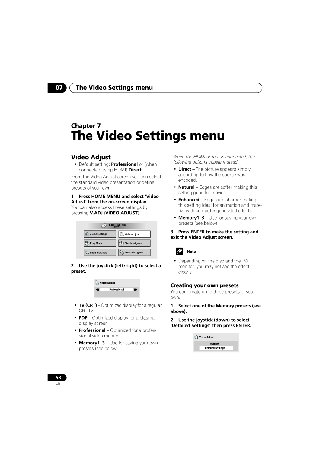 Pioneer DV-79AVi-s operating instructions The Video Settings menu Chapter, Video Adjust, Creating your own presets 