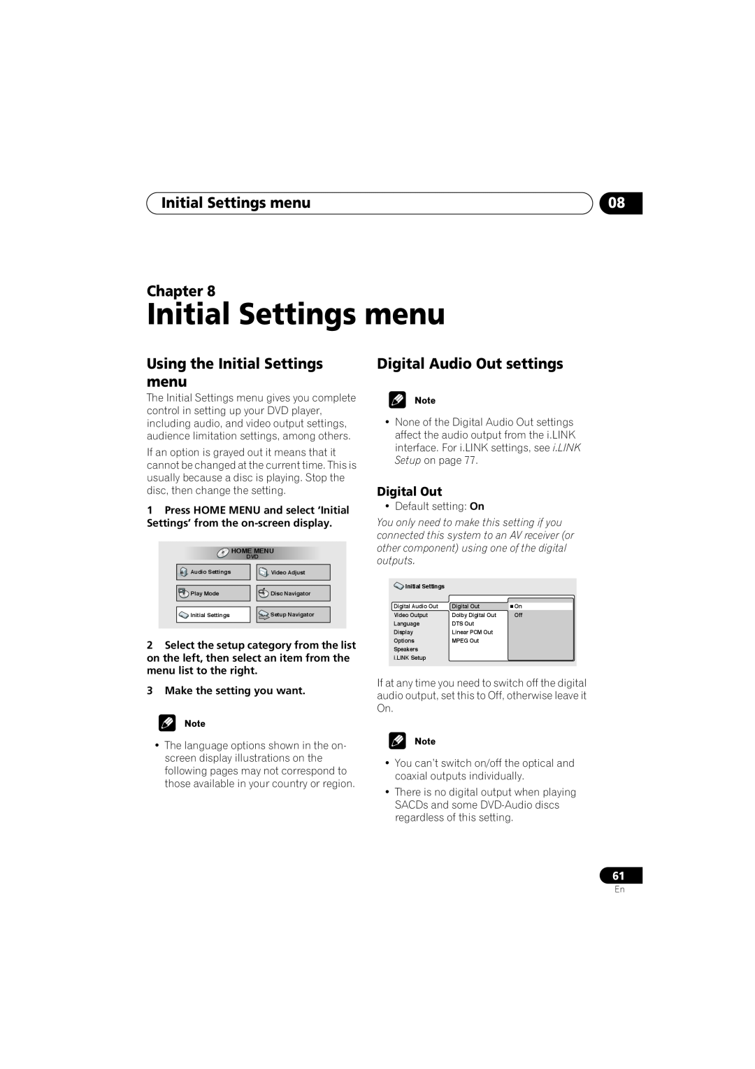 Pioneer DV-79AVi-s Initial Settings menu, Chapter, Using the Initial Settings, Digital Audio Out settings, Digital Out 