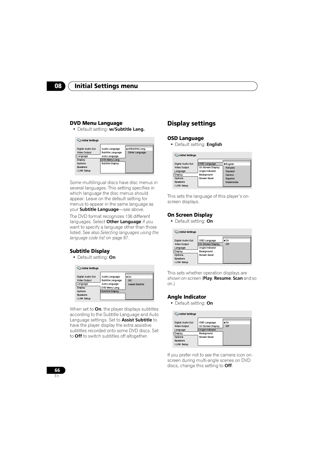 Pioneer DV-79AVi Display settings, DVD Menu Language, Subtitle Display, OSD Language, On Screen Display, Angle Indicator 