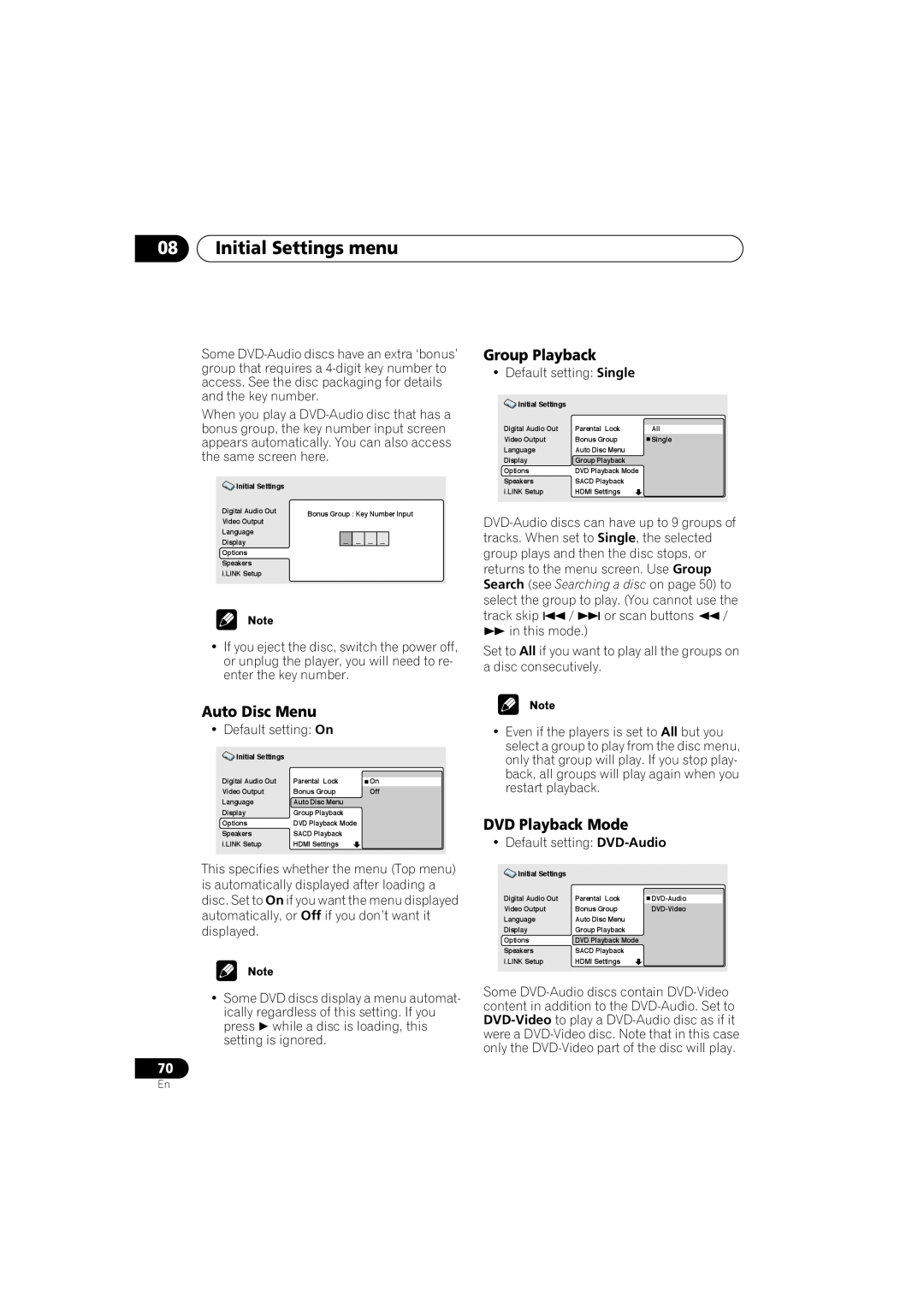 Pioneer DV-79AVi-s operating instructions Auto Disc Menu, Group Playback, DVD Playback Mode, Initial Settings menu 