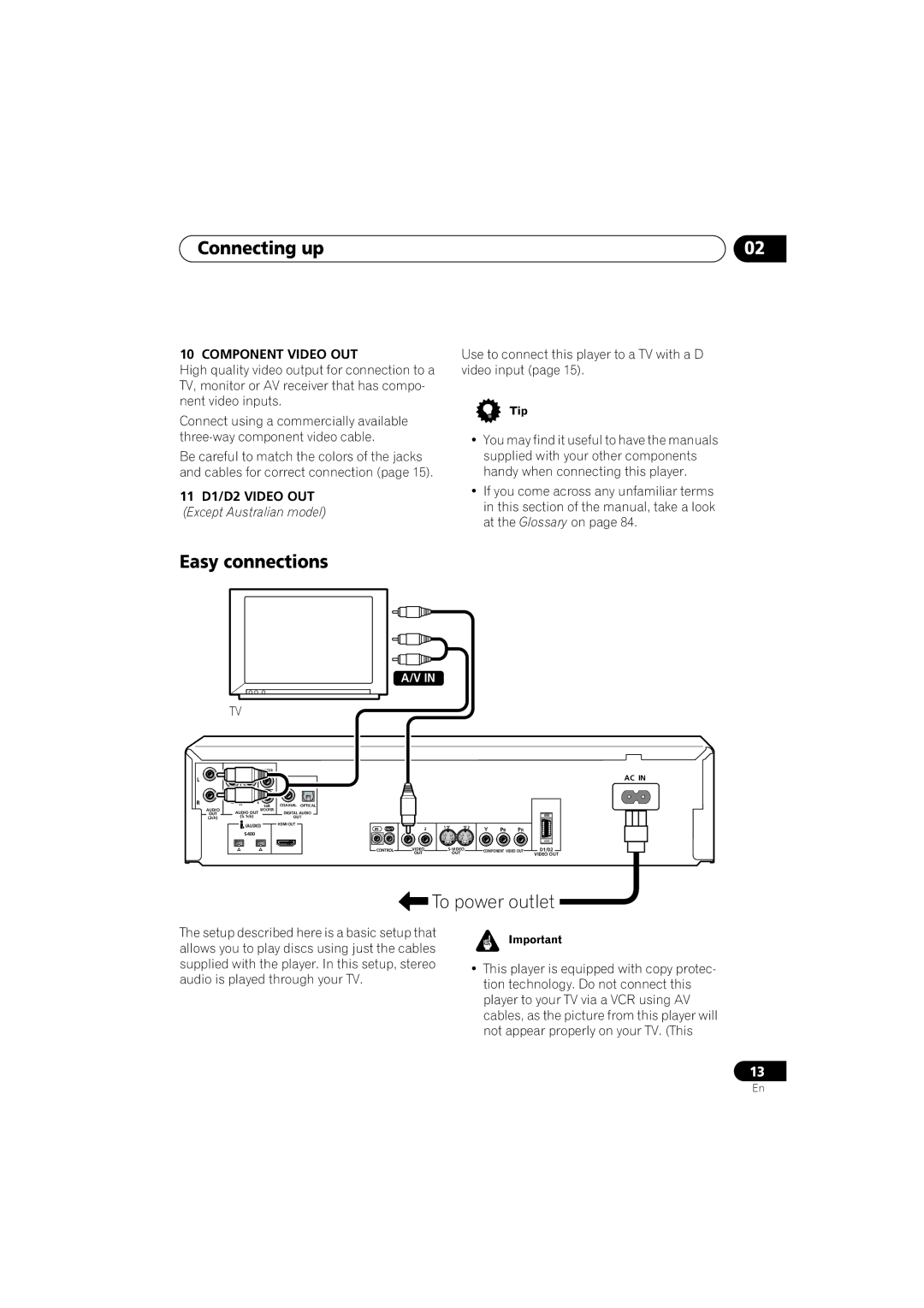 Pioneer DV-989AVi-G Connecting up, Easy connections, Component Video OUT, 11 D1/D2 Video OUT Except Australian model 