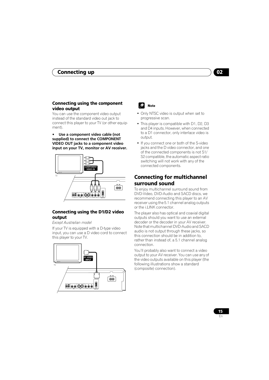 Pioneer DV-989AVi-G Connecting for multichannel surround sound, Connecting using the component video output 