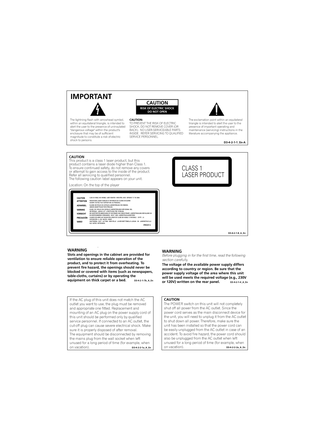 Pioneer DV-989AVi-G operating instructions Class Laser Product 