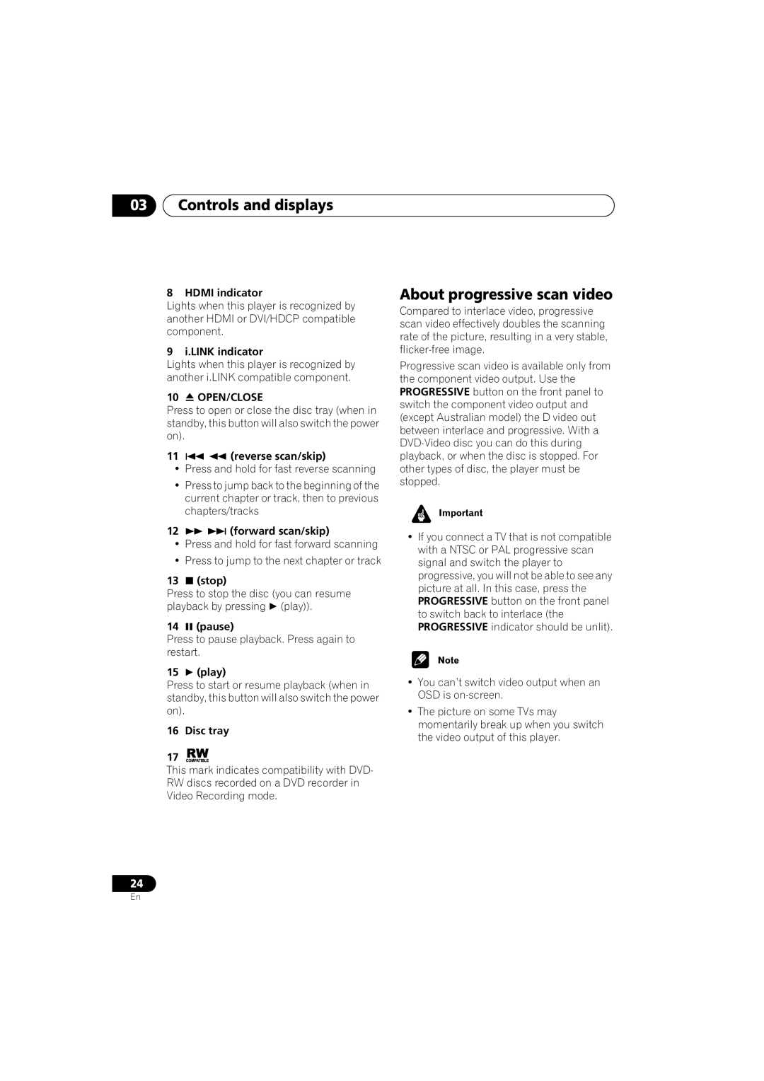 Pioneer DV-989AVi-G operating instructions Controls and displays, About progressive scan video, Open/Close 