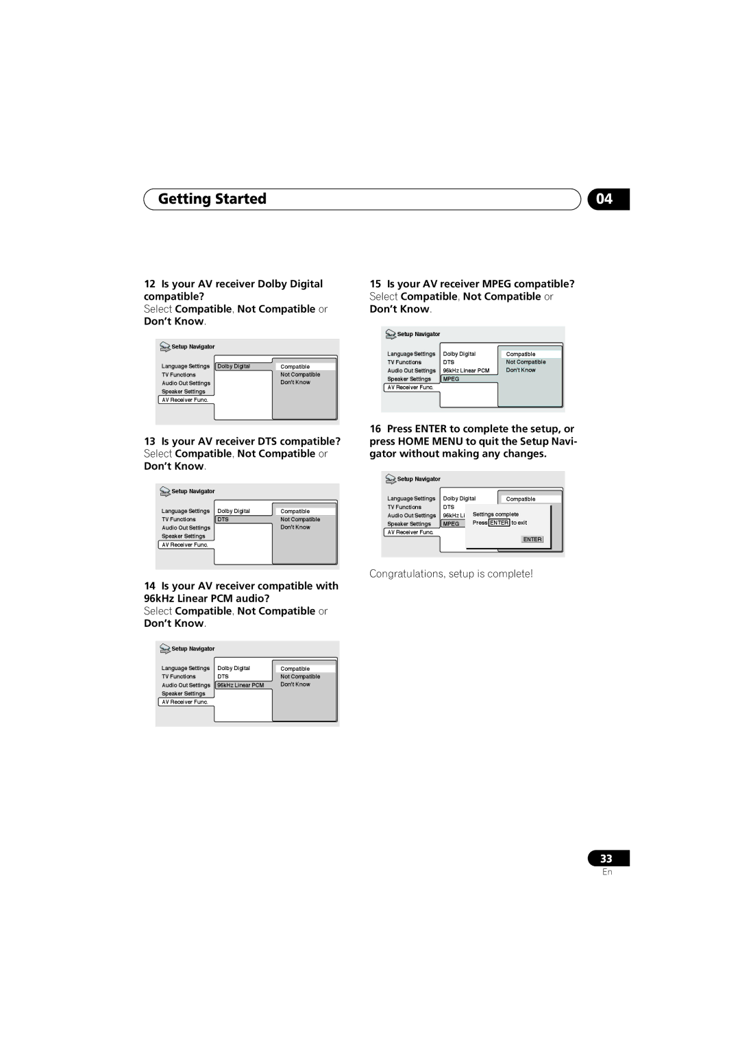 Pioneer DV-989AVi-G operating instructions Congratulations, setup is complete 