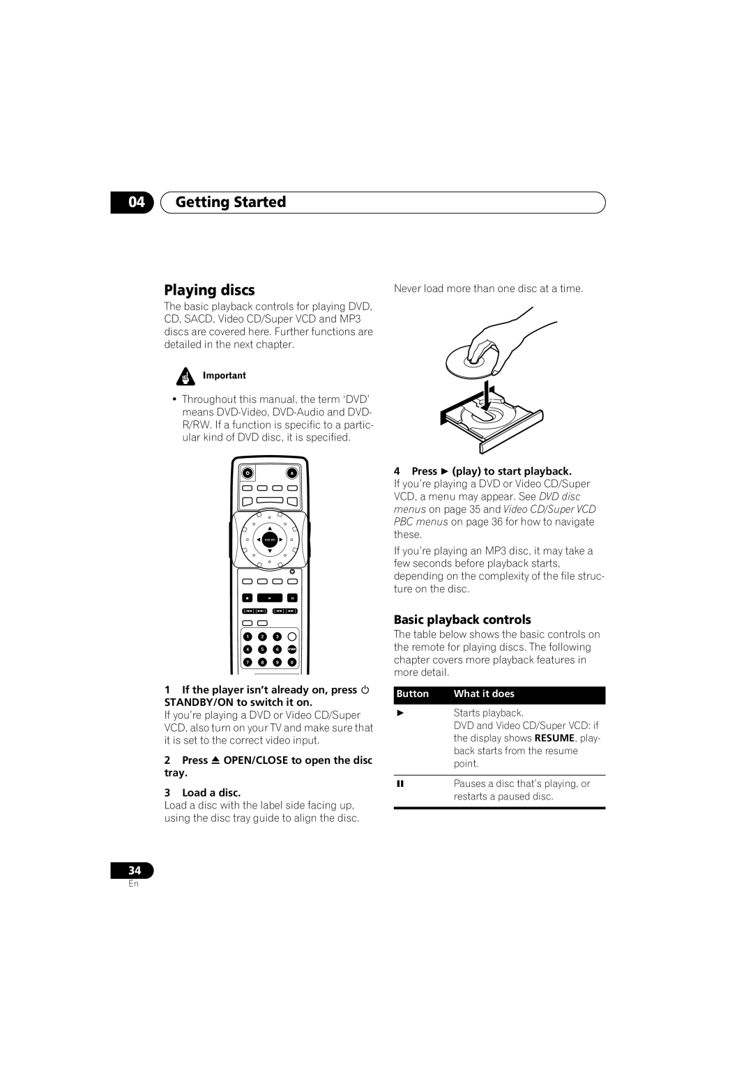 Pioneer DV-989AVi-G Getting Started Playing discs, Basic playback controls, Press play to start playback 