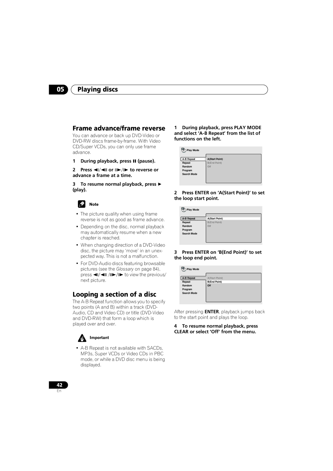 Pioneer DV-989AVi-G operating instructions Playing discs Frame advance/frame reverse, Looping a section of a disc 