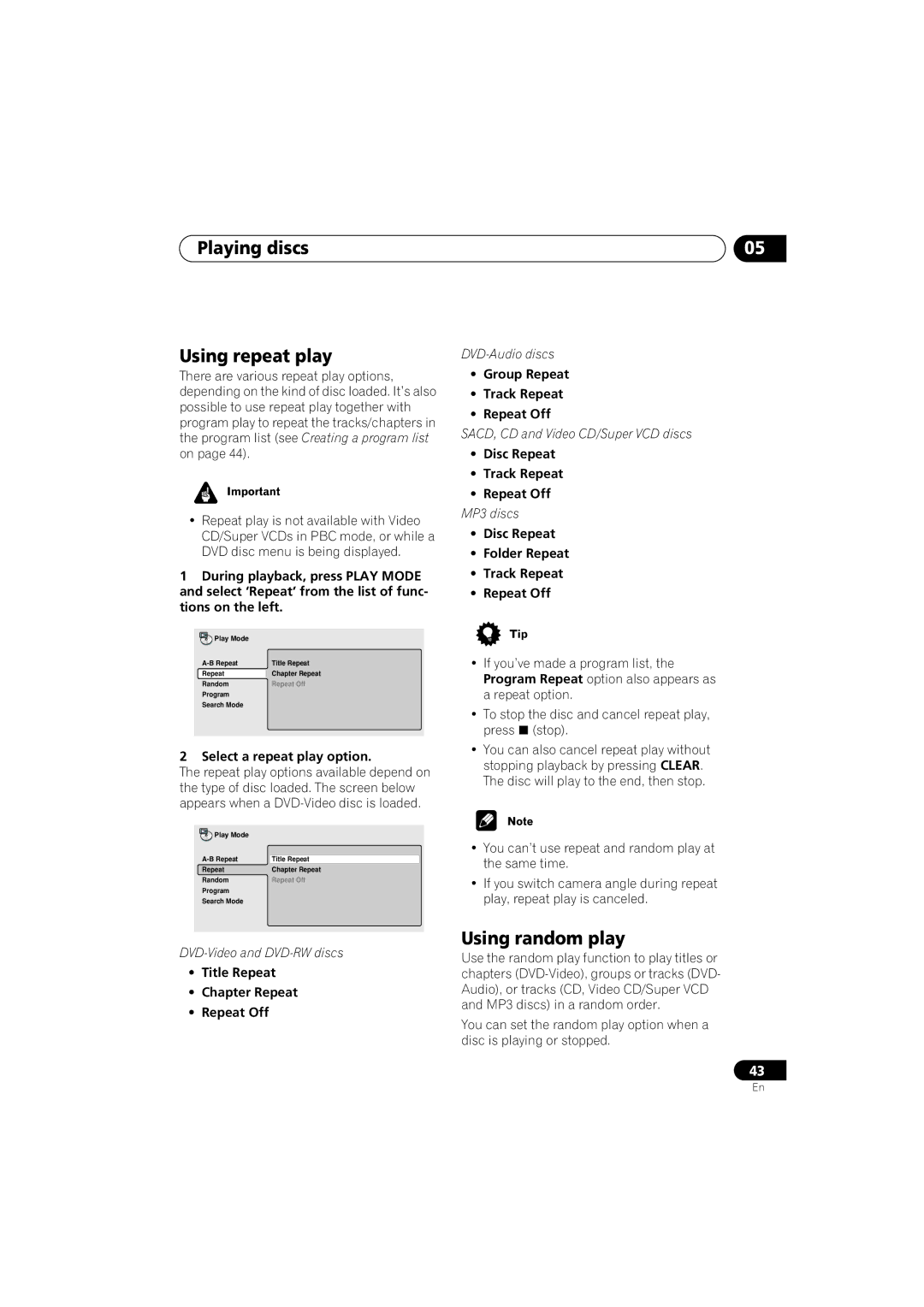 Pioneer DV-989AVi-G operating instructions Playing discs Using repeat play, Using random play 