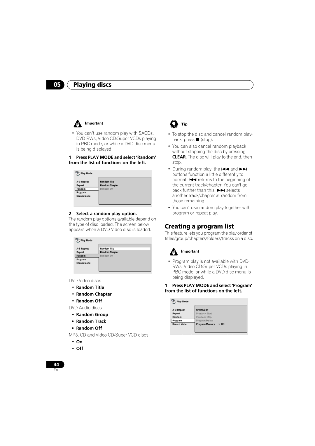 Pioneer DV-989AVi-G Creating a program list, Select a random play option, Random Title Random Chapter Random Off 