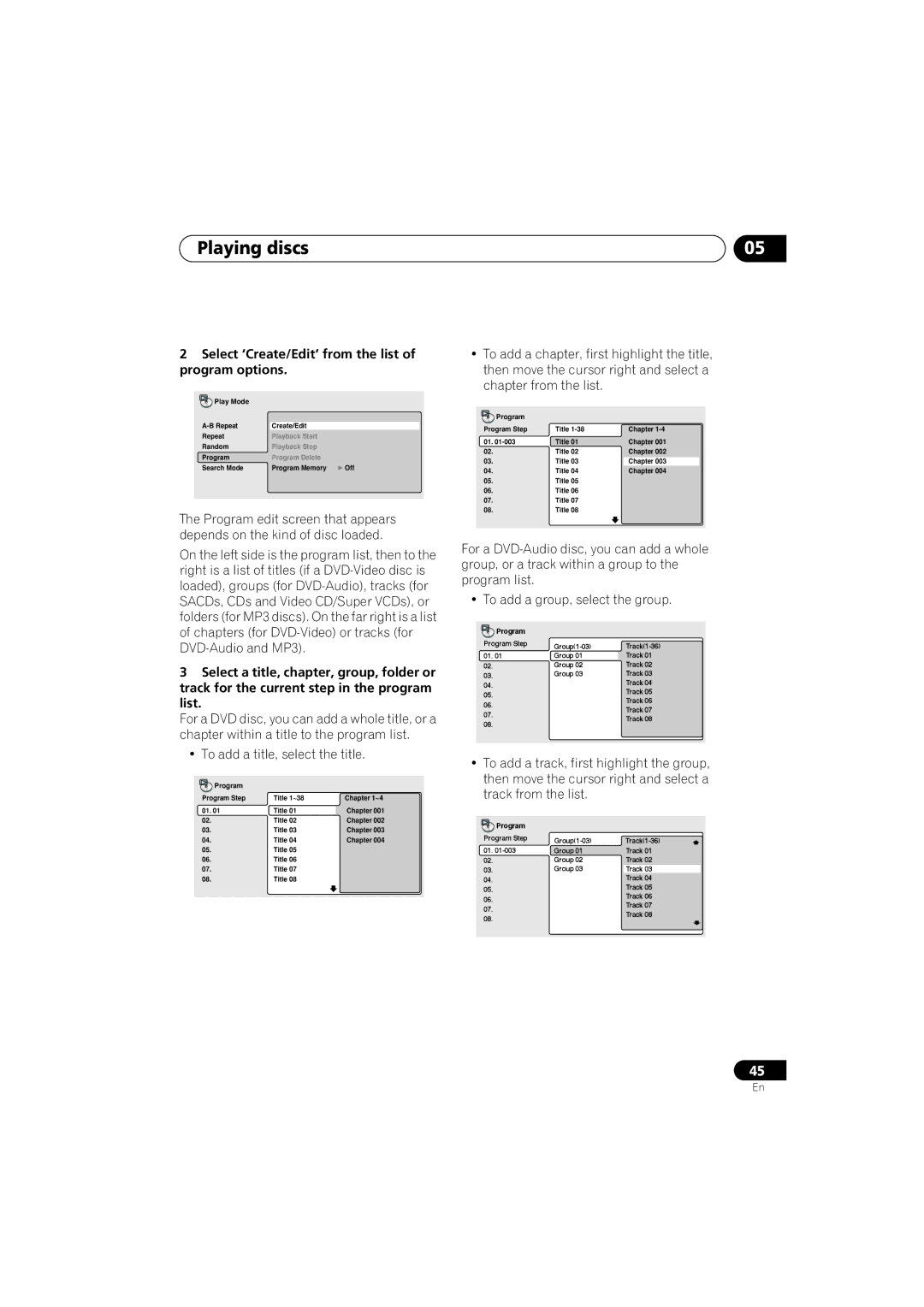 Pioneer DV-989AVi-G operating instructions Select ‘Create/Edit’ from the list of program options 