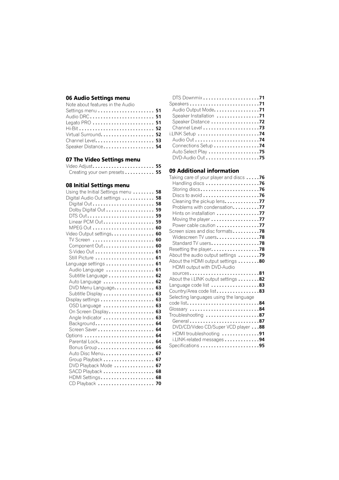 Pioneer DV-989AVi-G Audio Settings menu, Video Settings menu, Initial Settings menu, Additional information, Video Adjust 