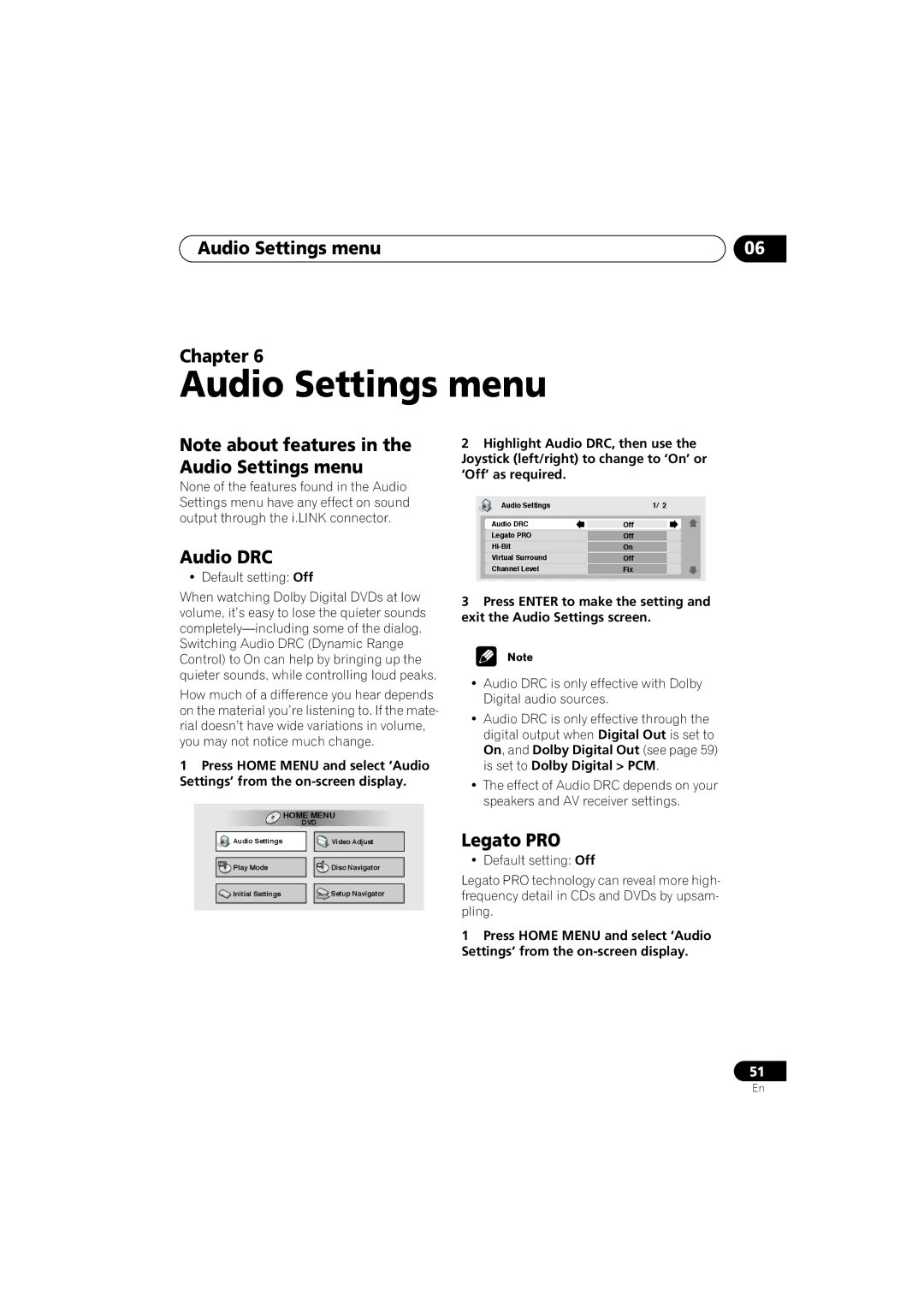 Pioneer DV-989AVi-G operating instructions Audio Settings menu Chapter, Audio DRC, Legato PRO, Default setting Off 