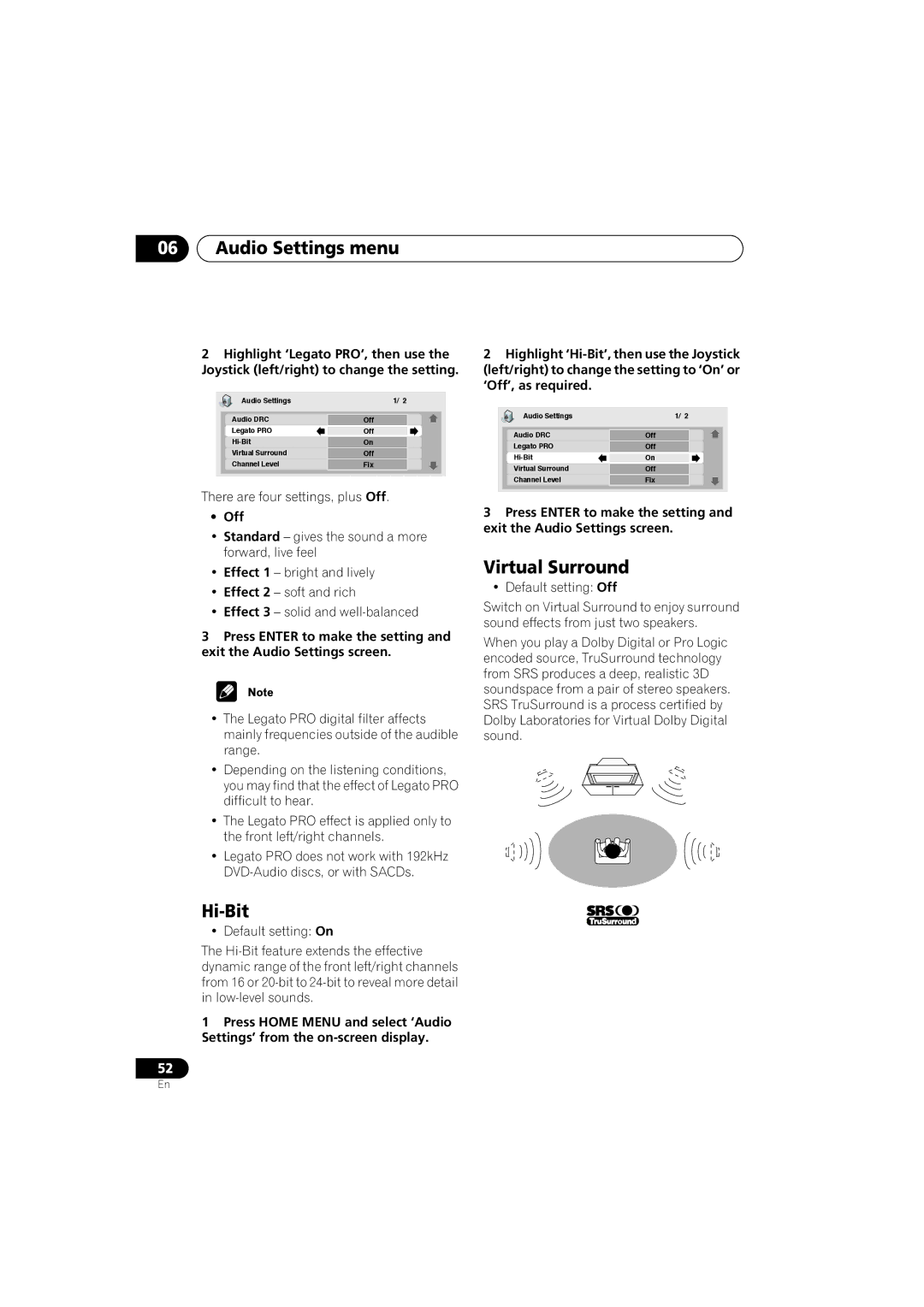 Pioneer DV-989AVi-G operating instructions Audio Settings menu, Hi-Bit, Virtual Surround, There are four settings, plus Off 