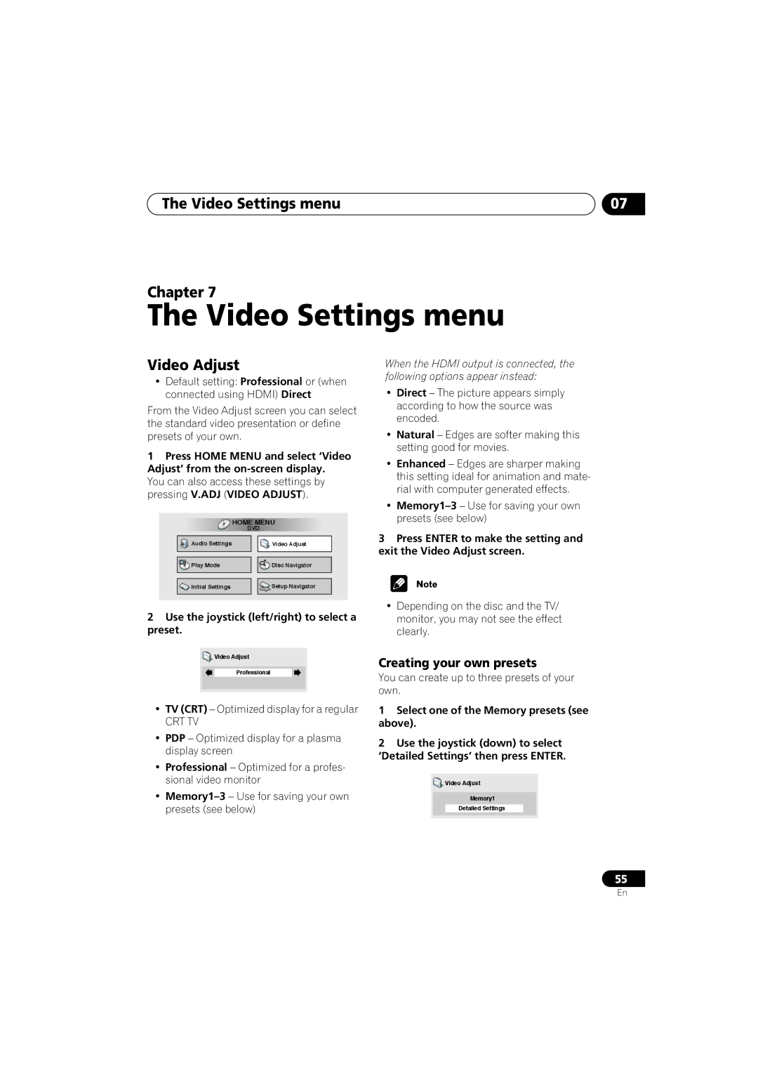 Pioneer DV-989AVi-G operating instructions Video Settings menu Chapter, Video Adjust, Creating your own presets 