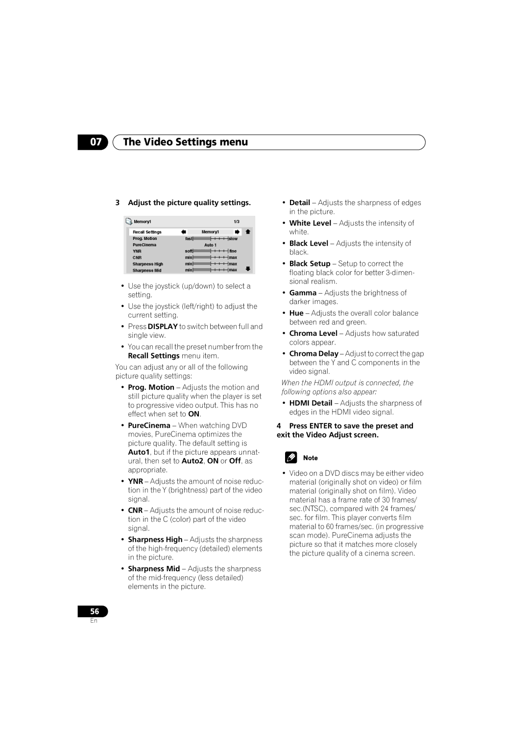 Pioneer DV-989AVi-G operating instructions Video Settings menu, Adjust the picture quality settings 