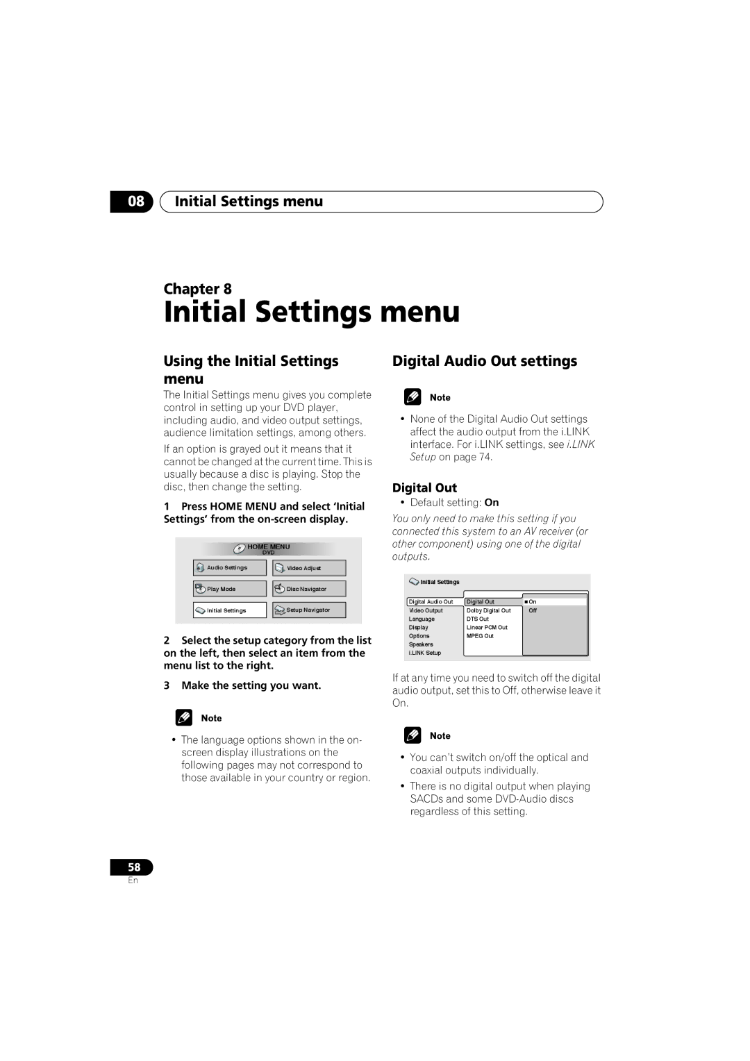 Pioneer DV-989AVi-G Initial Settings menu Chapter, Using the Initial Settings Digital Audio Out settings Menu 