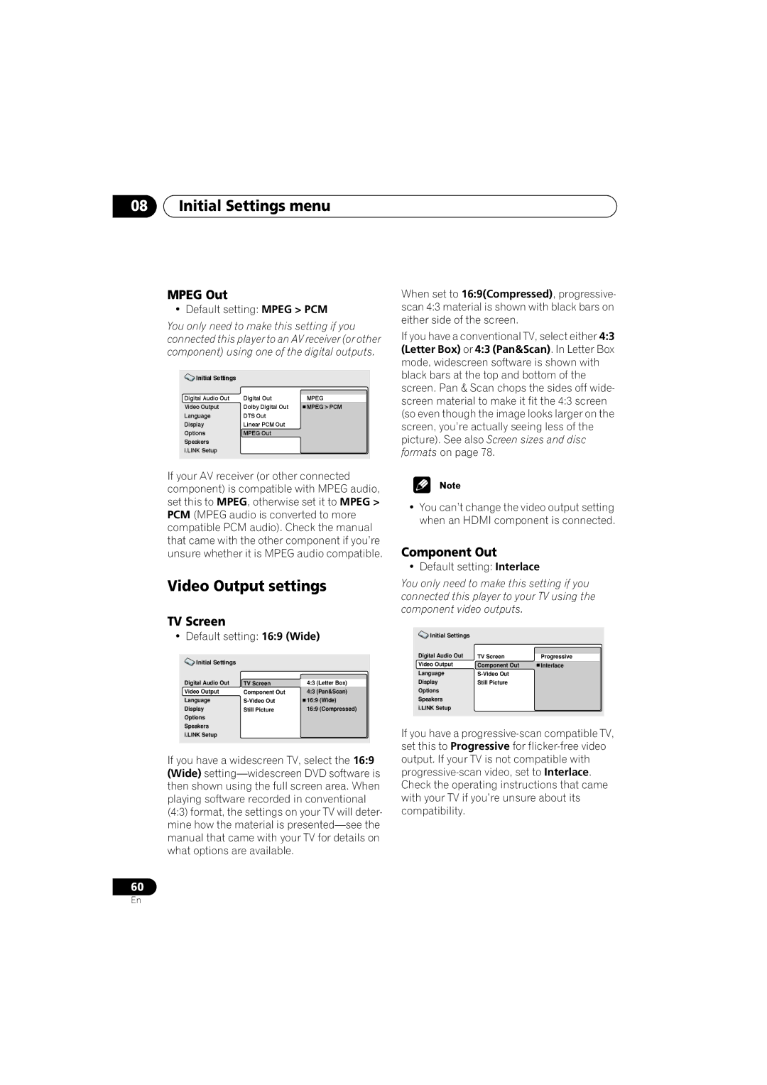 Pioneer DV-989AVi-G operating instructions Video Output settings, Mpeg Out, TV Screen, Component Out 