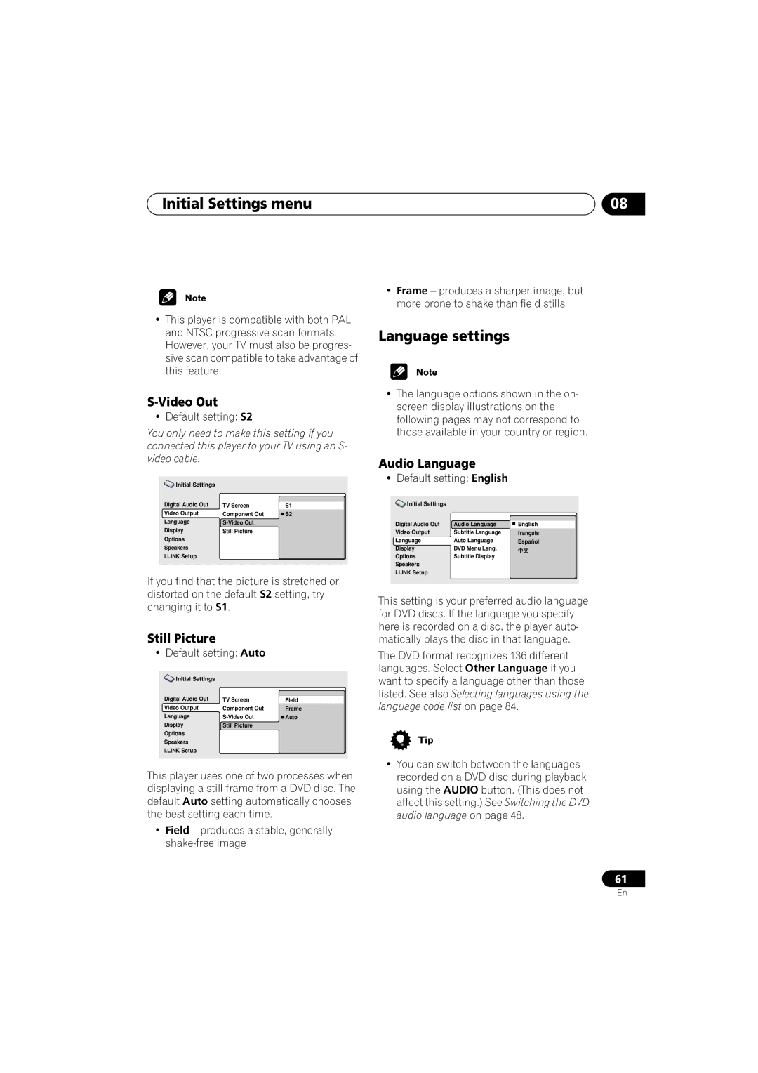 Pioneer DV-989AVi-G operating instructions Language settings, Video Out, Still Picture, Audio Language 