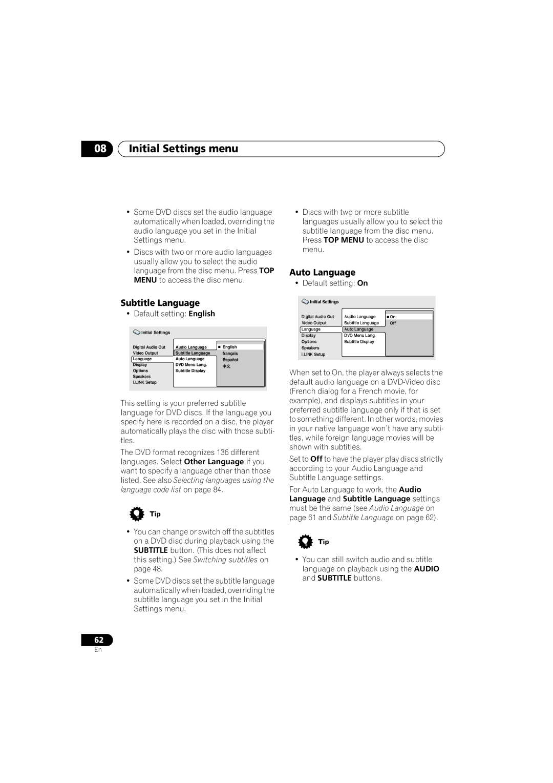 Pioneer DV-989AVi-G operating instructions Subtitle Language, Auto Language 