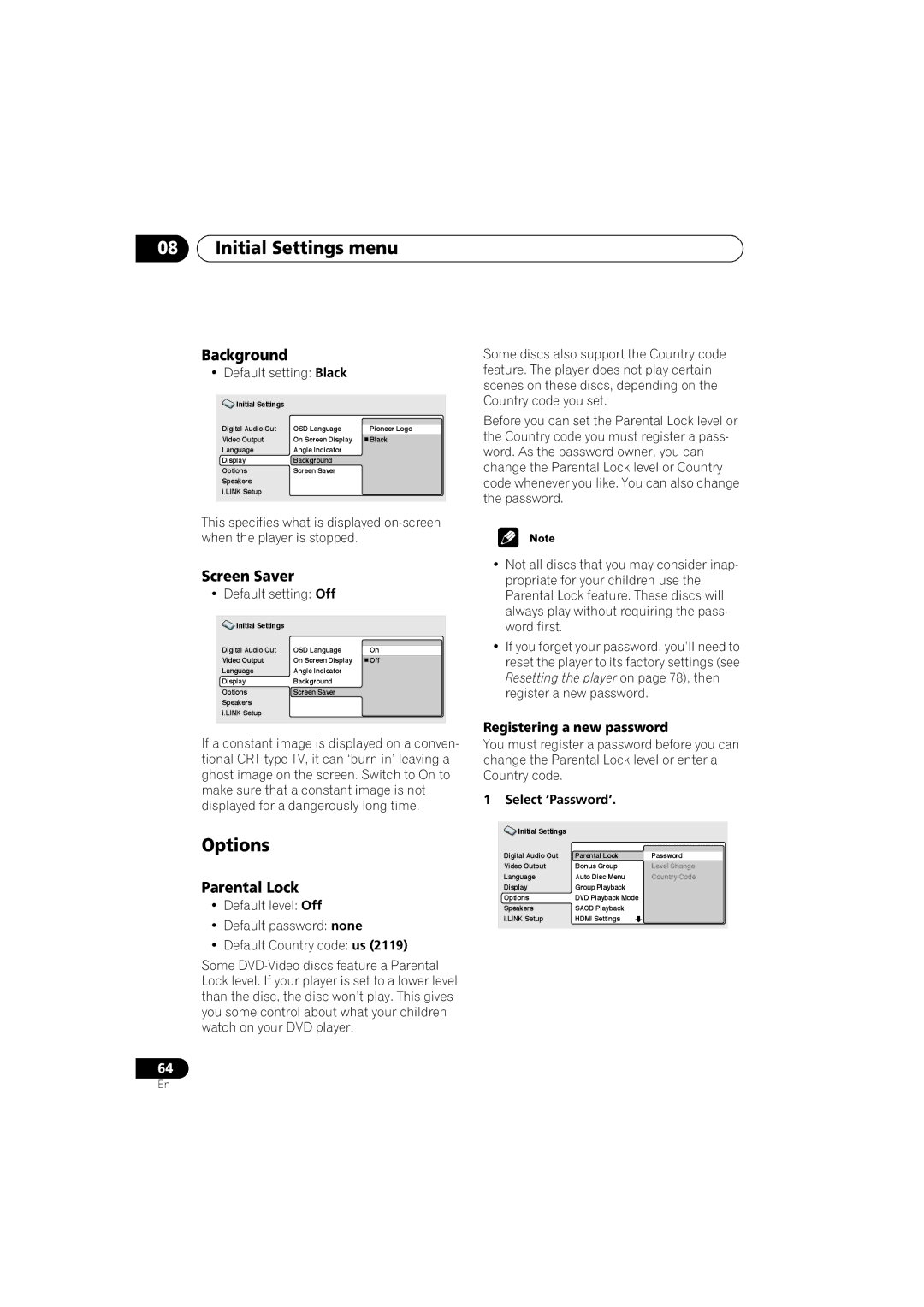 Pioneer DV-989AVi-G operating instructions Options, Background, Screen Saver, Parental Lock, Registering a new password 