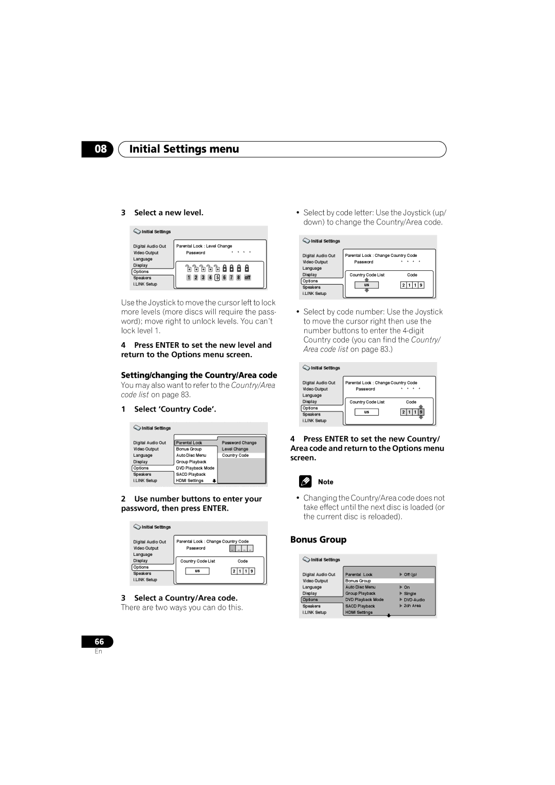 Pioneer DV-989AVi-G Bonus Group, Setting/changing the Country/Area code, Select a new level, Select ‘Country Code’ 