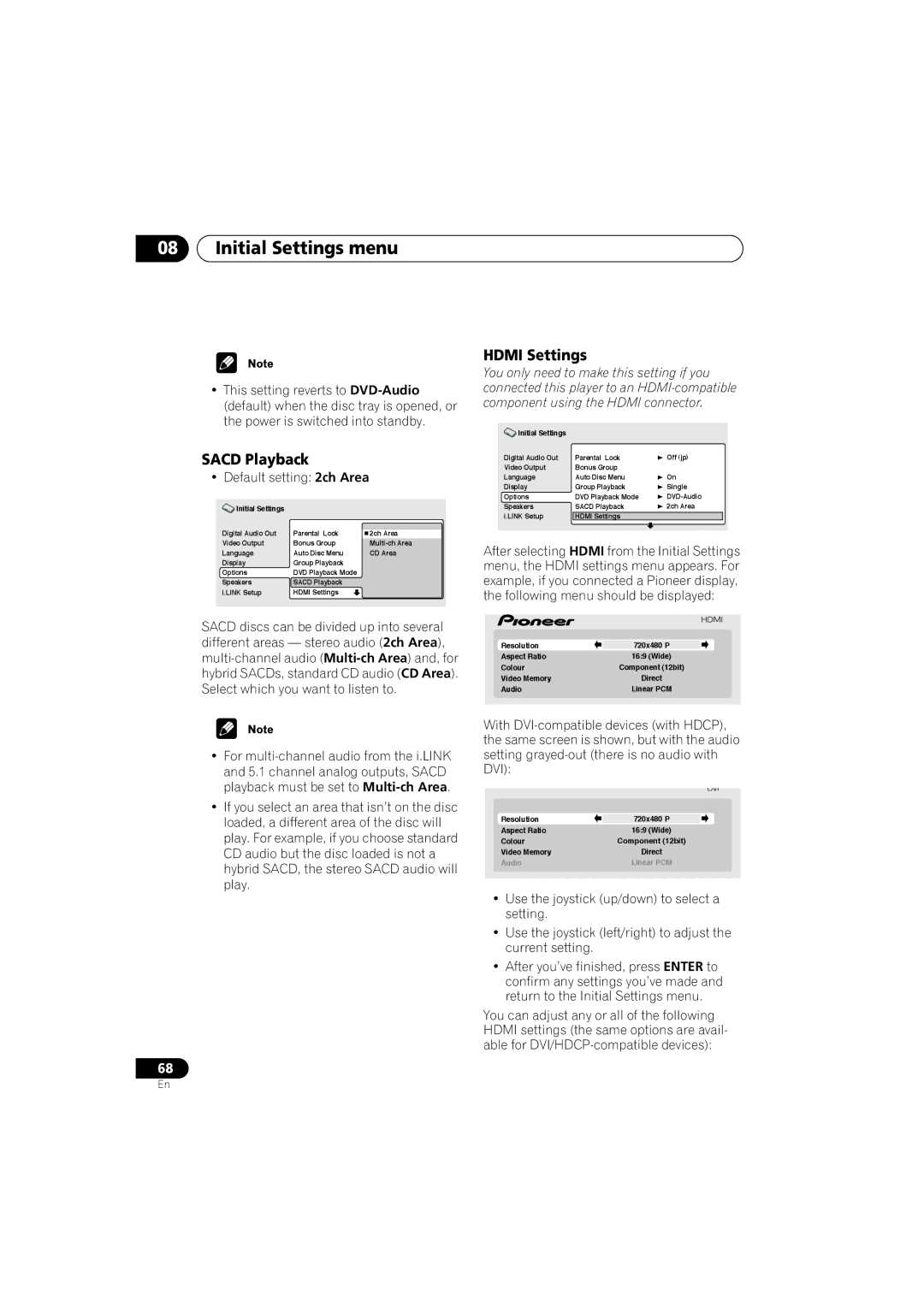 Pioneer DV-989AVi-G operating instructions Hdmi Settings, Sacd Playback, Default setting 2ch Area 