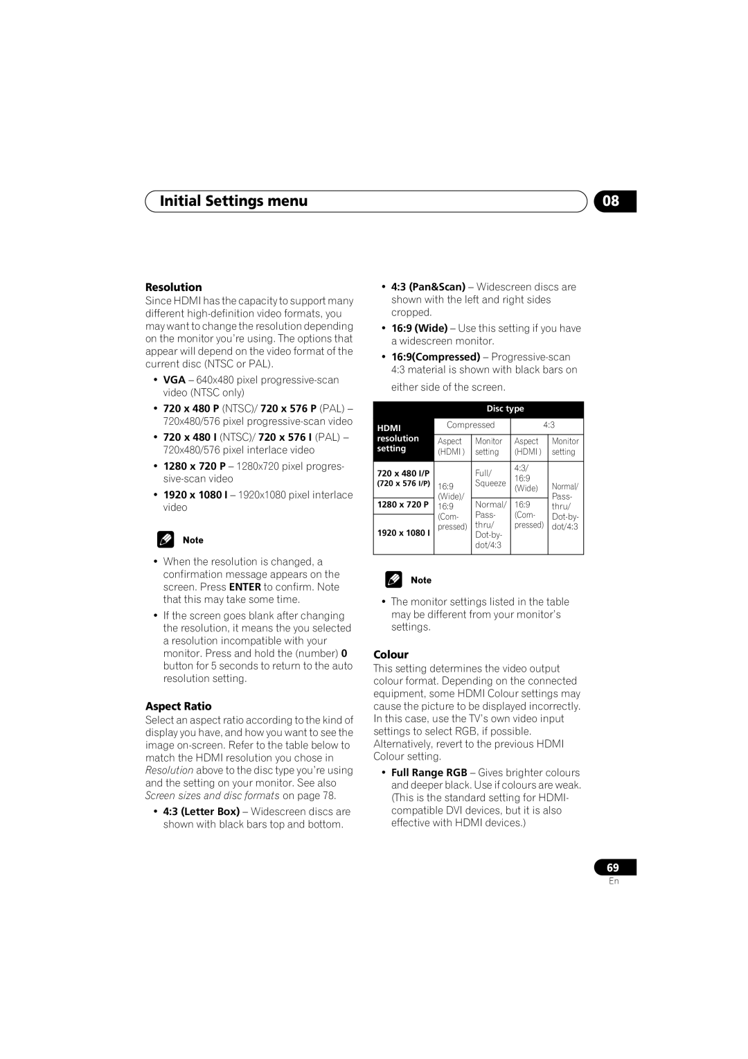 Pioneer DV-989AVi-G operating instructions Resolution, Aspect Ratio, Colour 