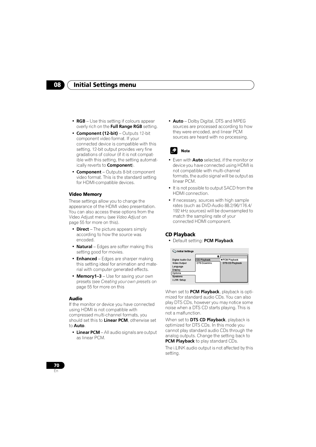 Pioneer DV-989AVi-G operating instructions CD Playback, Video Memory, Audio, Default setting PCM Playback 