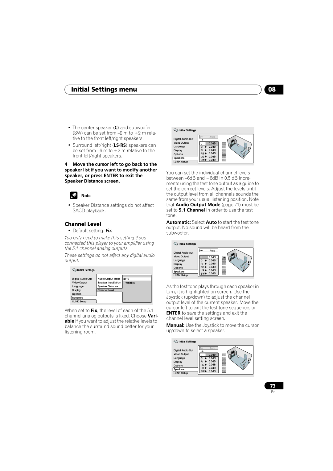 Pioneer DV-989AVi-G operating instructions Channel Level, Move the cursor left to go back to, Speaker Distance screen 