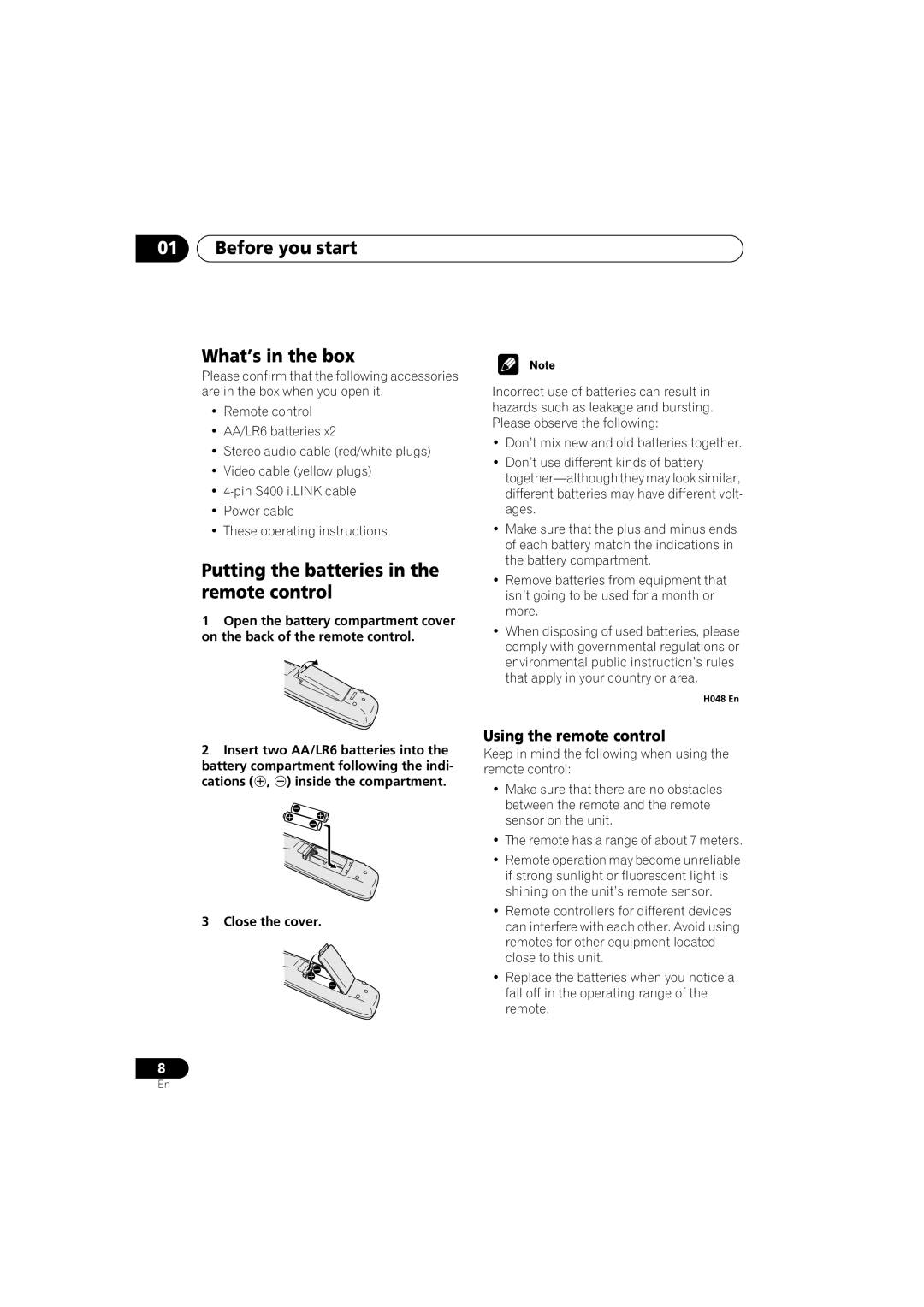 Pioneer DV-989AVi-G operating instructions Before you start What’s in the box, Putting the batteries in the remote control 