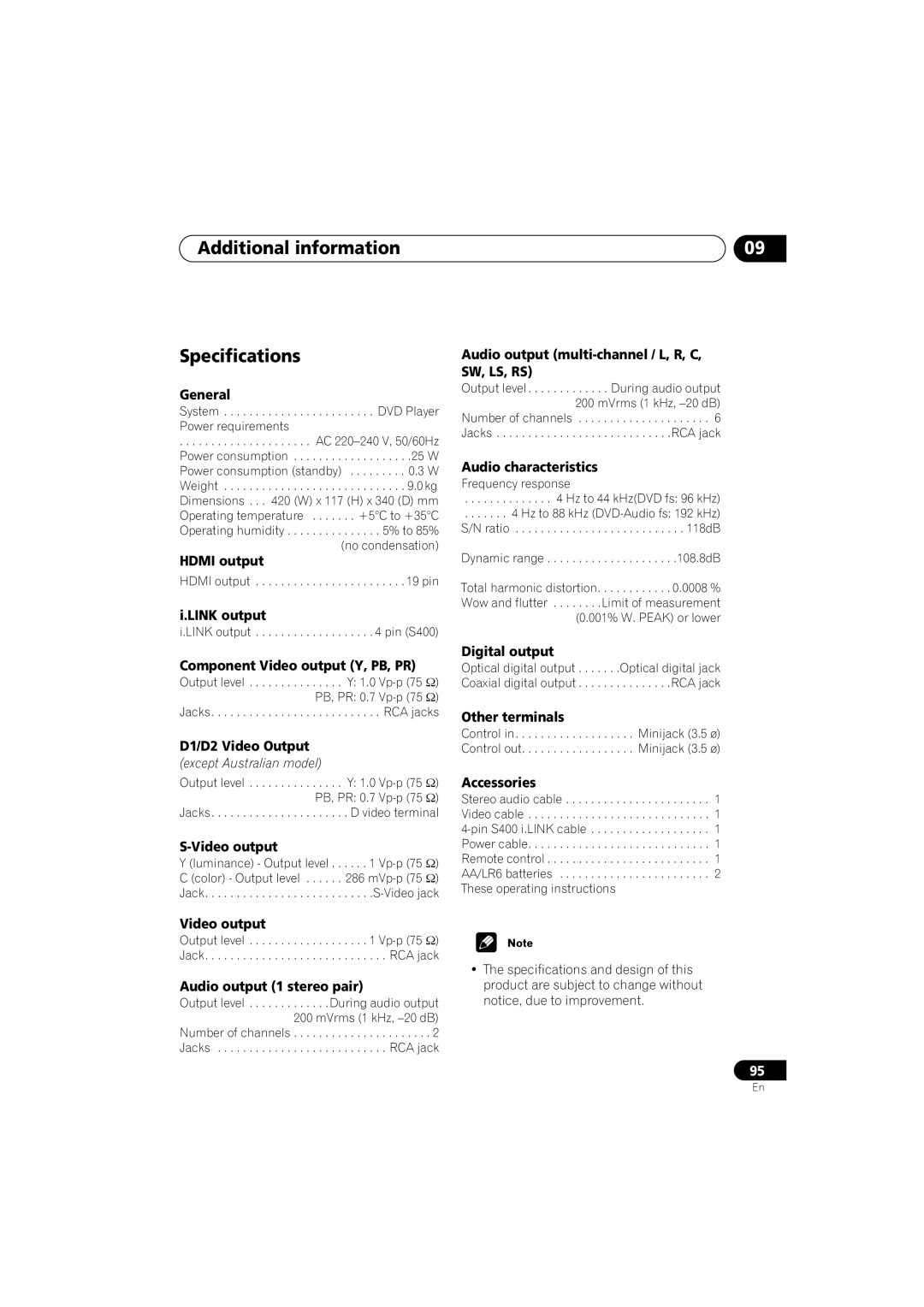 Pioneer DV-989AVi-G operating instructions Additional information Specifications 