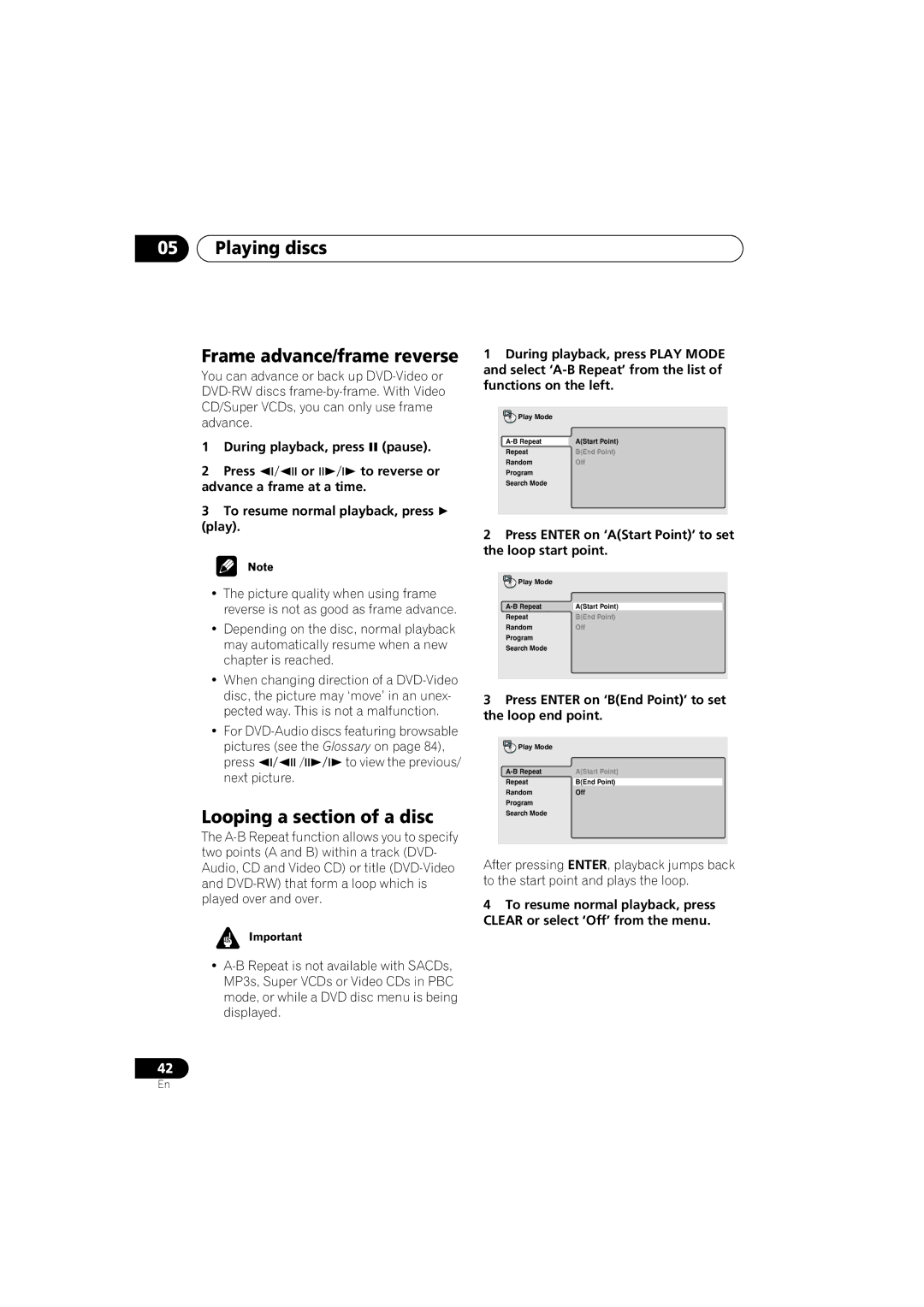 Pioneer DV-989AVi-S operating instructions Playing discs Frame advance/frame reverse, Looping a section of a disc 