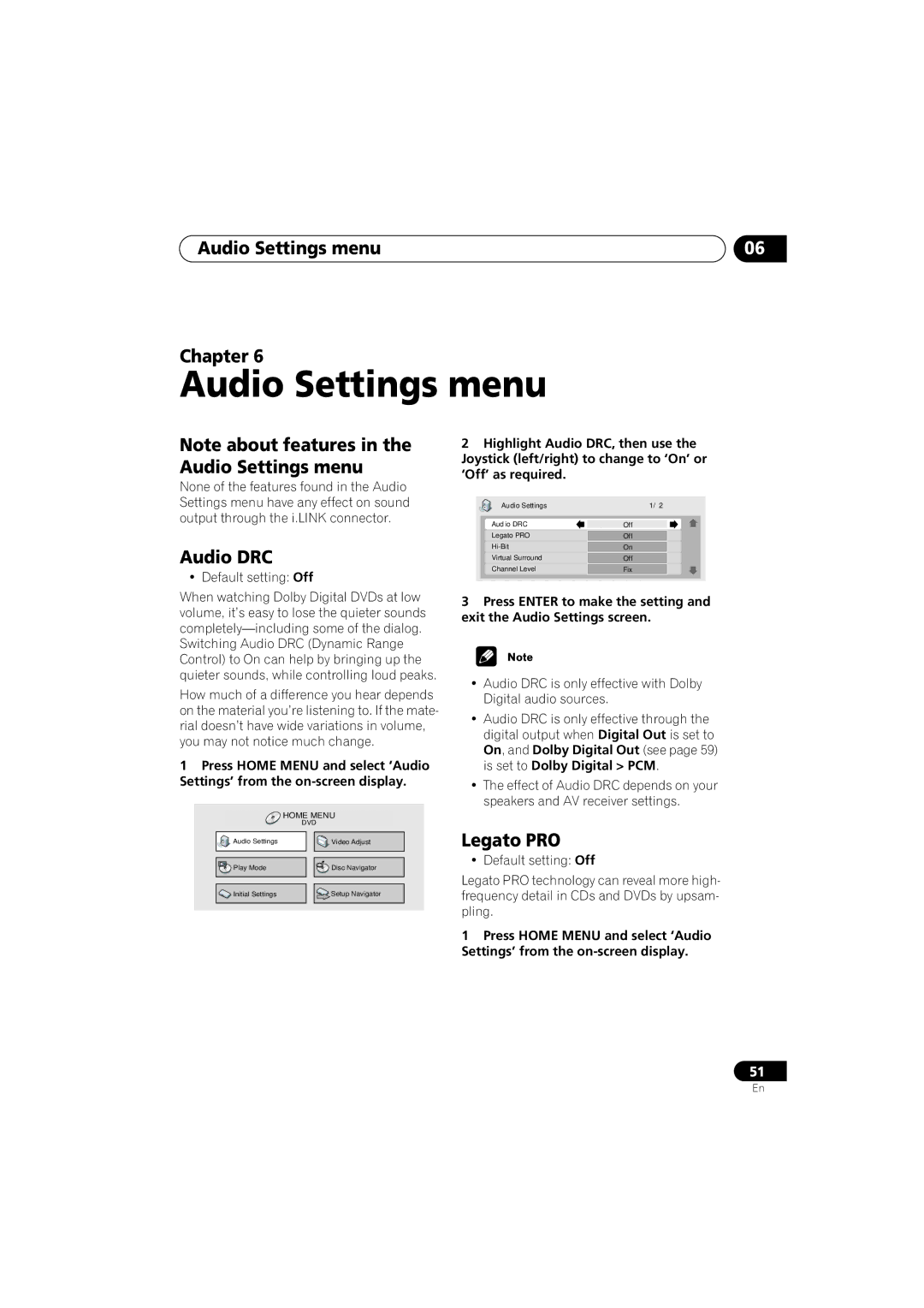 Pioneer DV-989AVi-S operating instructions Audio Settings menu Chapter, Audio DRC, Legato PRO, Default setting Off 