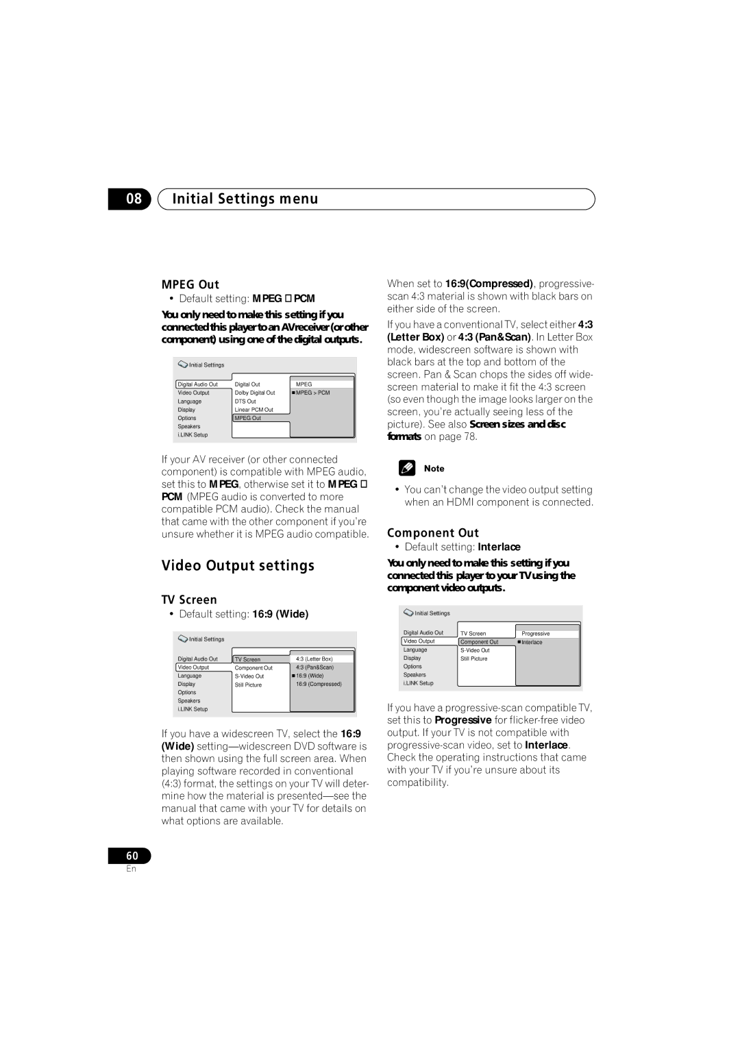 Pioneer DV-989AVi-S operating instructions Video Output settings, Mpeg Out, TV Screen, Component Out 